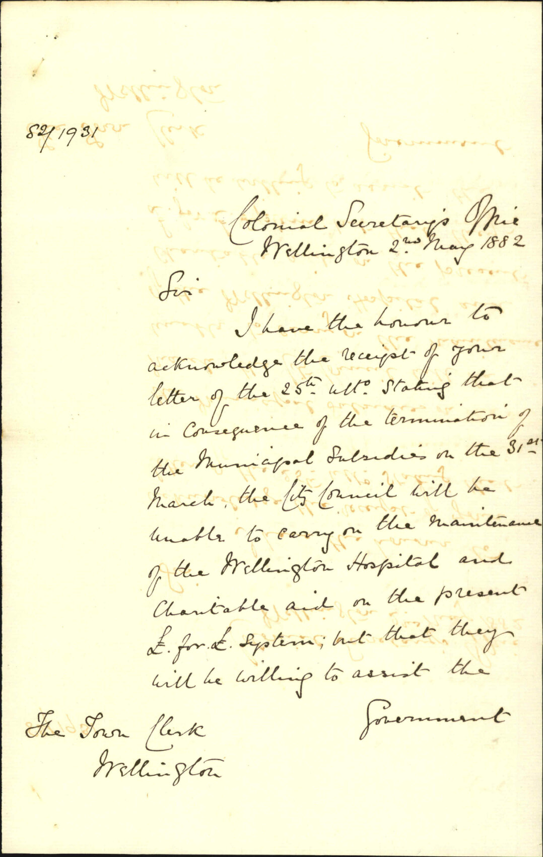 Maintenance of hospital - Colonial Secretary