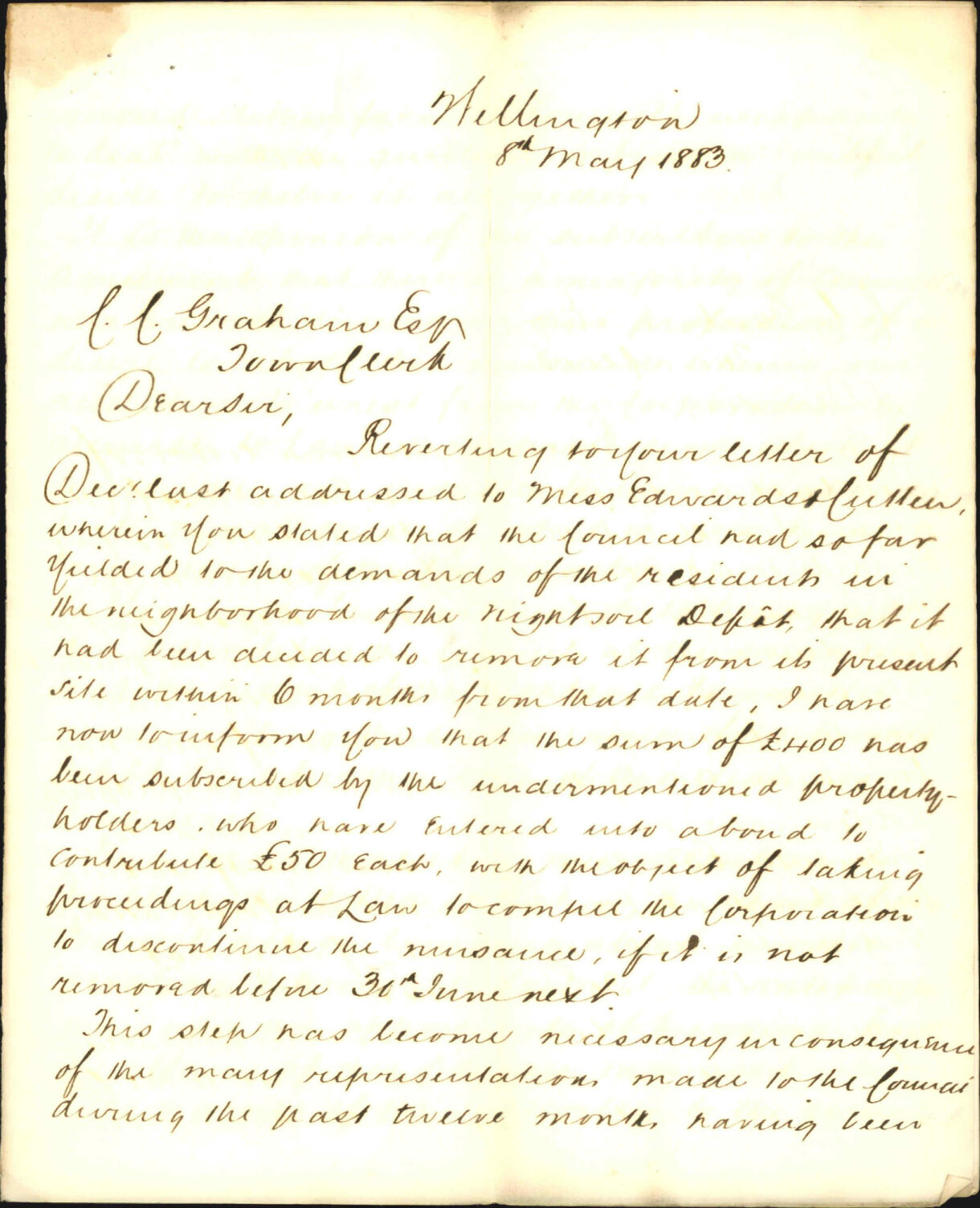 Notice of proceedings to enforce the closure of the present night soil depot - Henry Wright