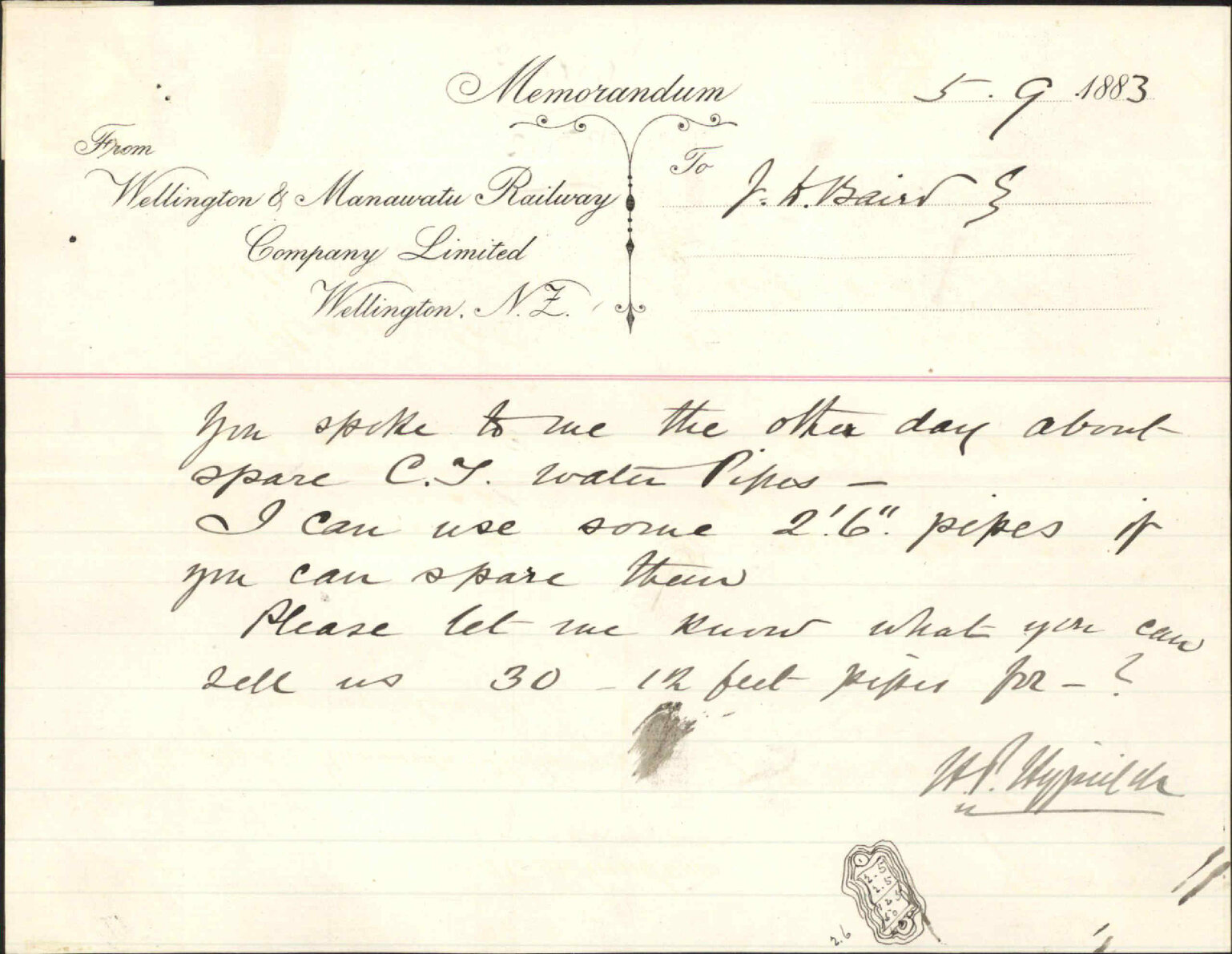 Offer by the West Coast Railway for 2'6" pipes - City Surveyor