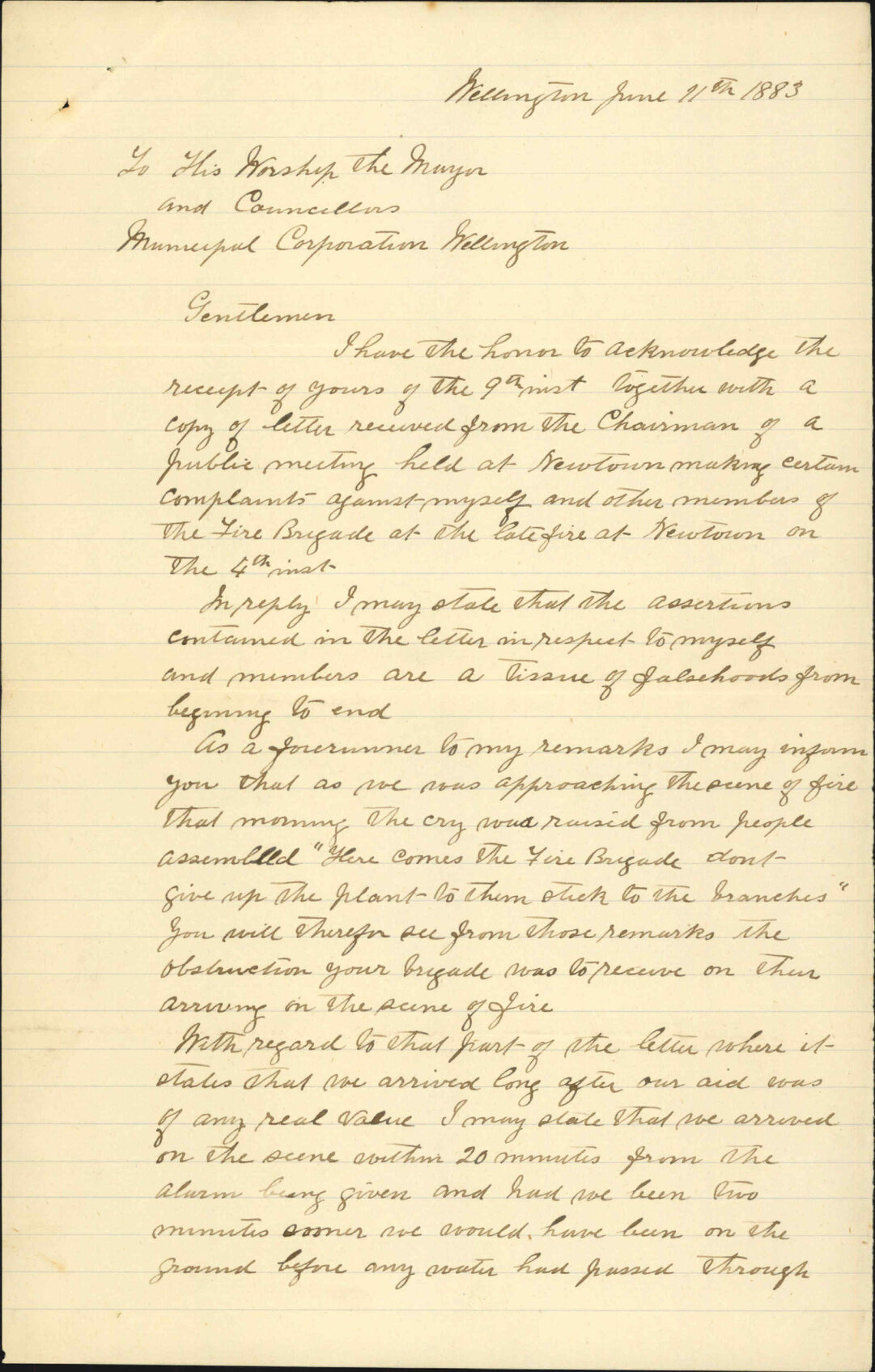 Report regarding letter of complaint from A Wilson, Newtown Ratepayers - Municipal Fire Brigade Superintendent