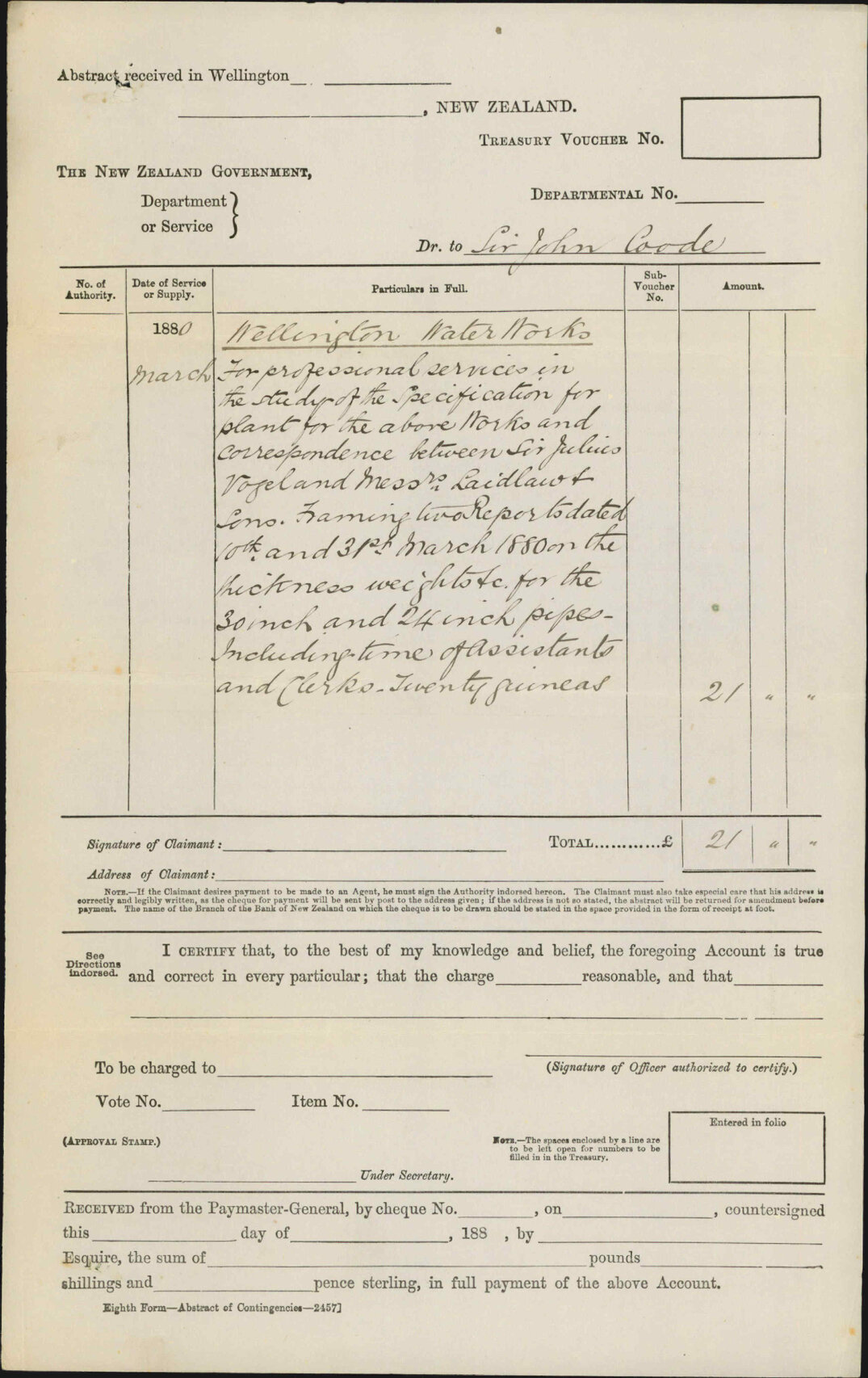 With account for Sir J Good in account of Water Works contract - Colonial Secretary