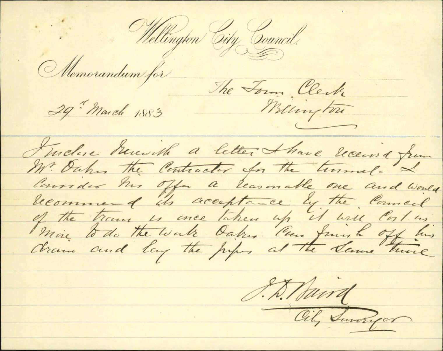 Contract for laying pipes in long tunnel - City Surveyor