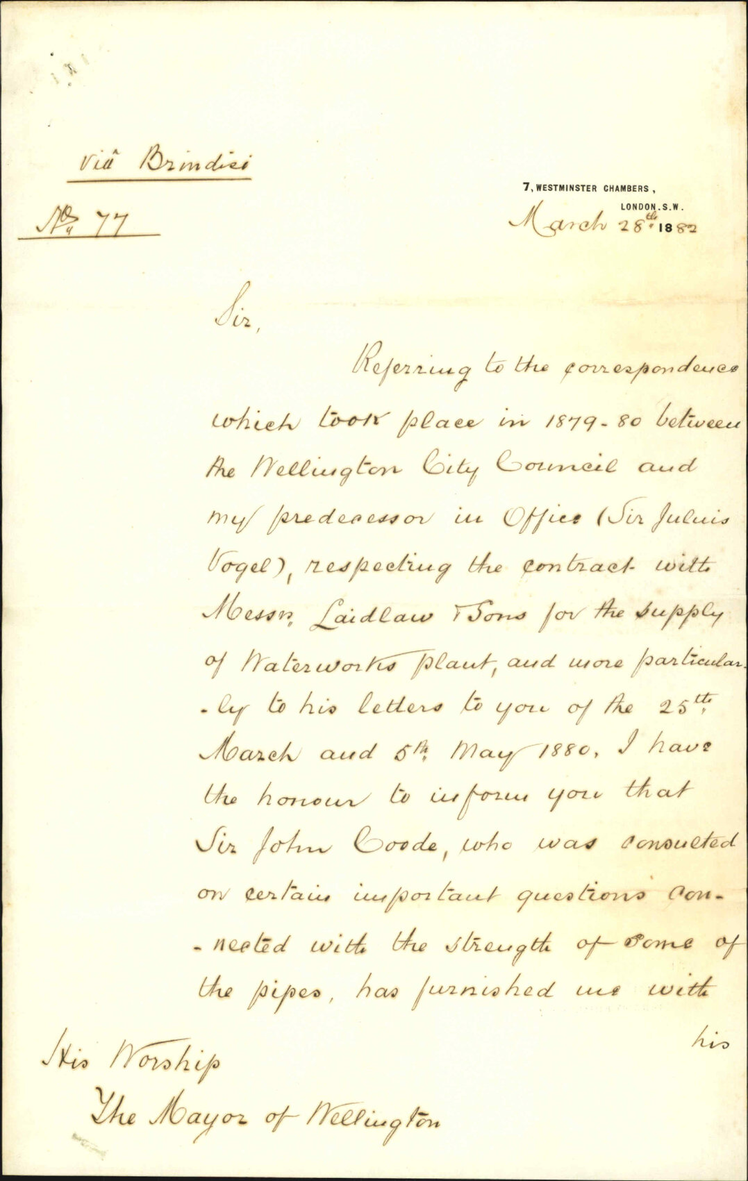 With account from Sir J Good for certificate on pipes - Agent General