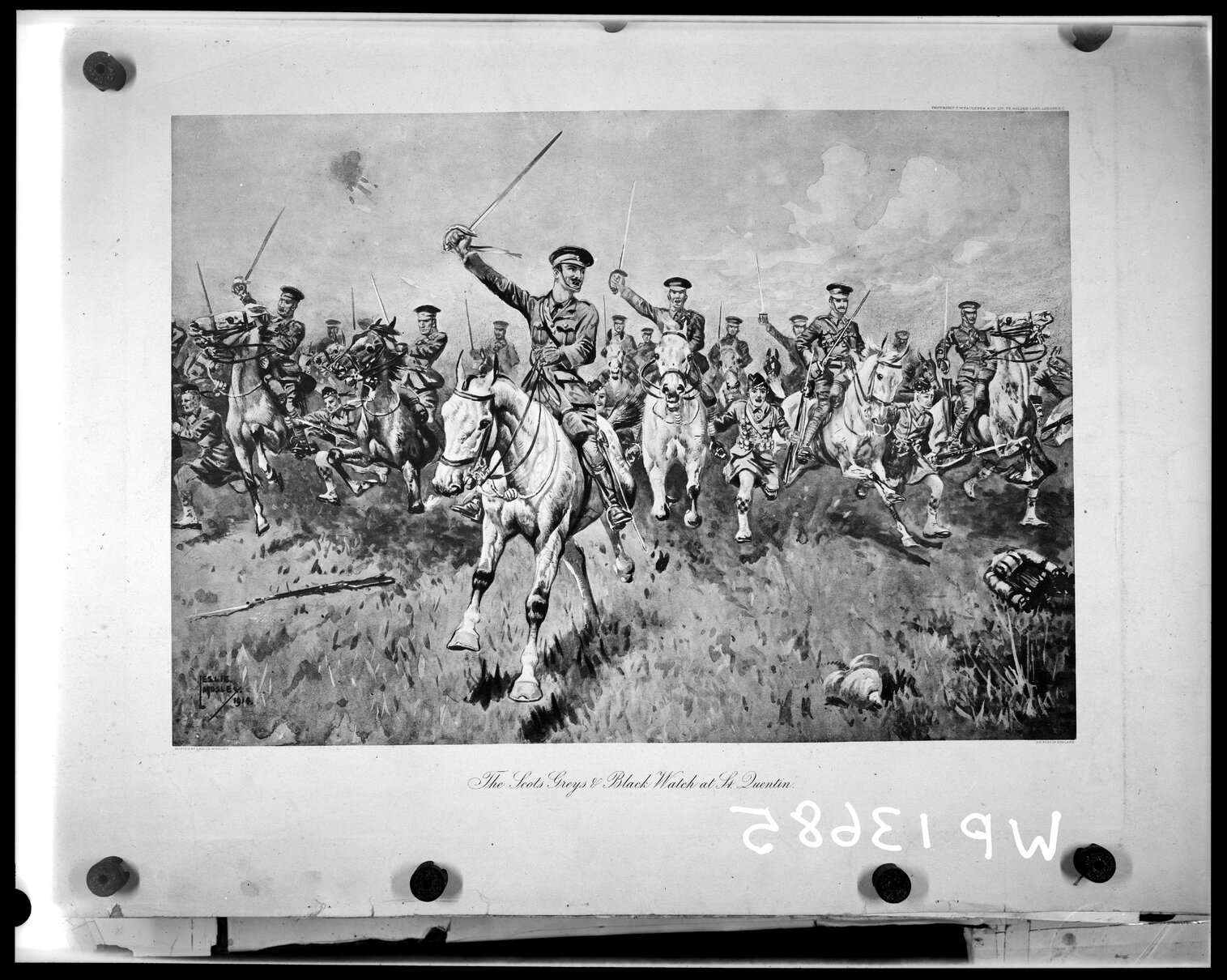 WW1 Engraving "The Scots Greys &amp; Black Watch at St Quentin"
