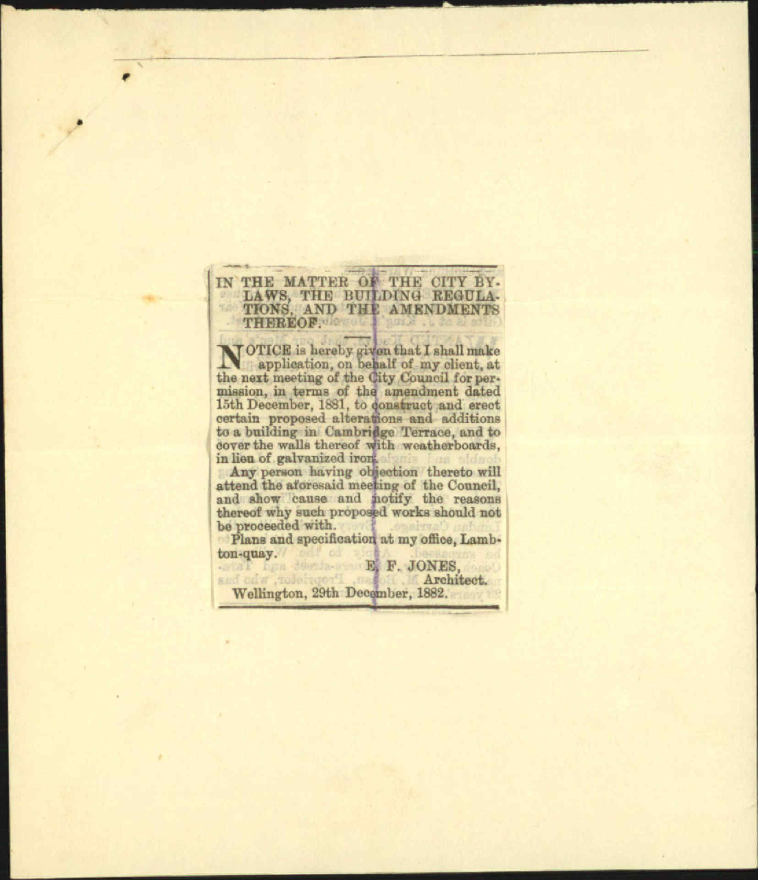 Application for leave to make modification to building contrary to building regulations - E F Jones, Architect