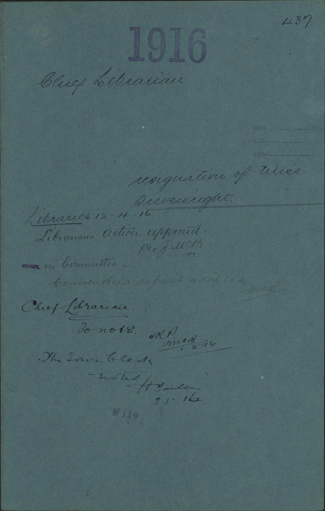 Resignation of Miss Sievewright - Chief Librarian
