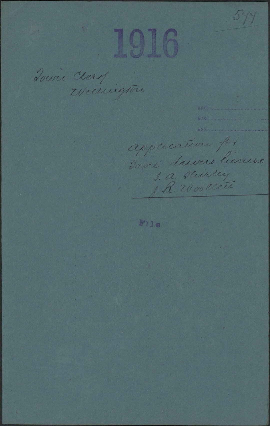 Application for Taxi Drivers license, John Alfred Shirley; John Rodwell Woollett - Town Clerk, Wellington