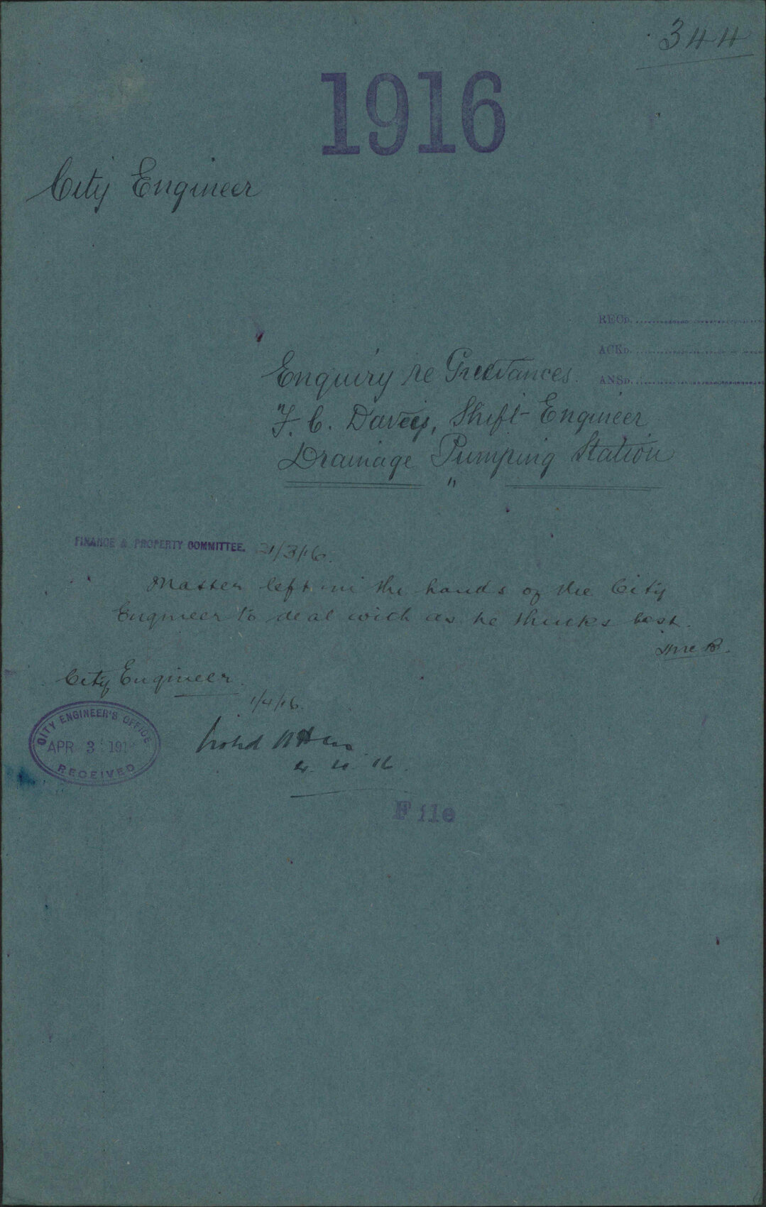 Enquiry re grievances, F C Davey, Shift Engineer, Drainage Pumping Station - City Engineer