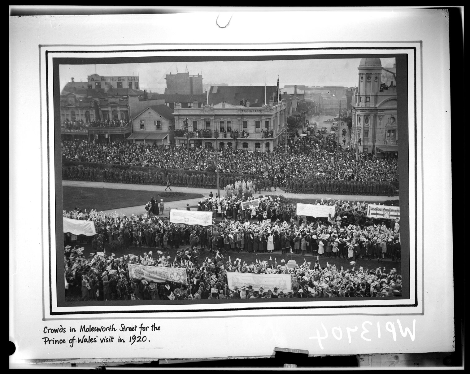 Royal Visit , elevated view of Molesworth Street and Kate Sheppard Place, showing crowds gathered to welcome the Prince of Wales