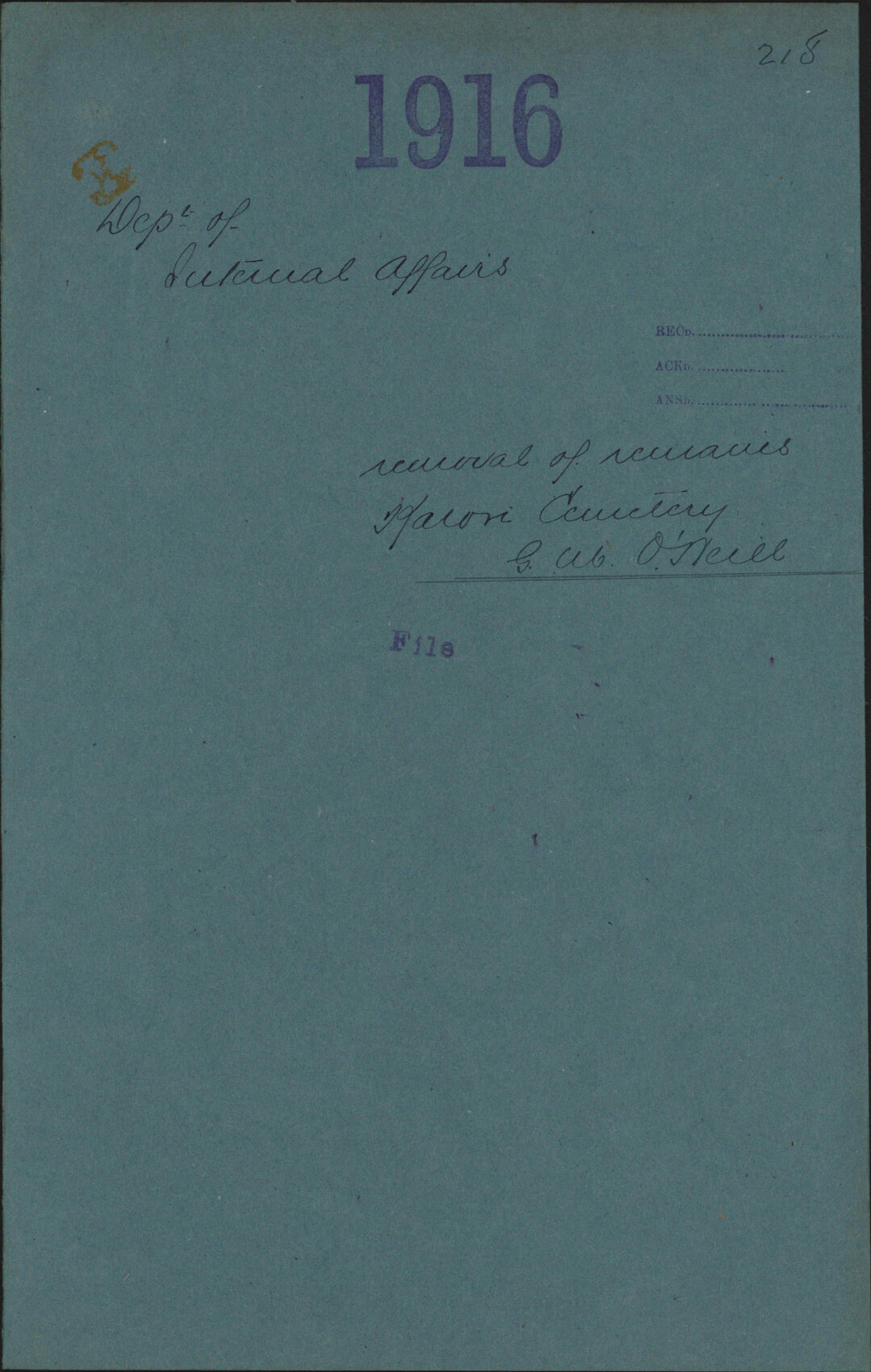 Removal of remains, Karori Cemetery, G M O'Neill - Department of Internal Affairs