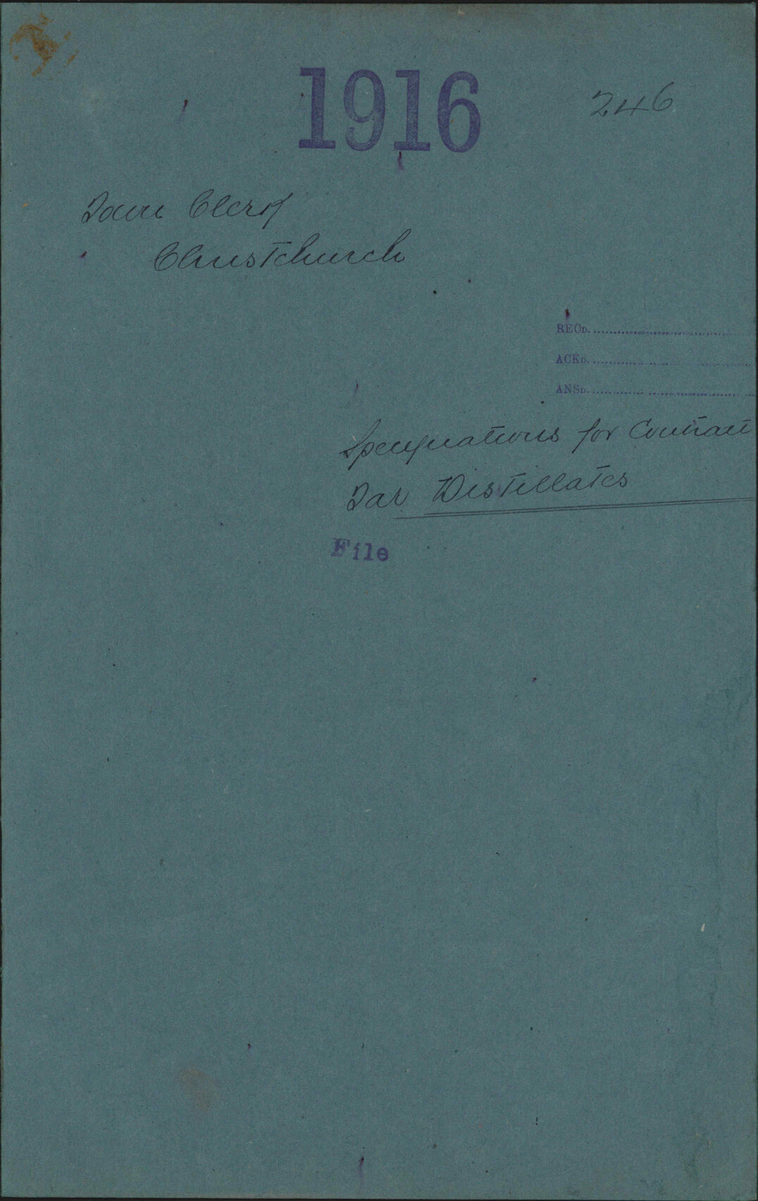 Specifications for contract, Tar Distillates - Town Clerk, Christchurch