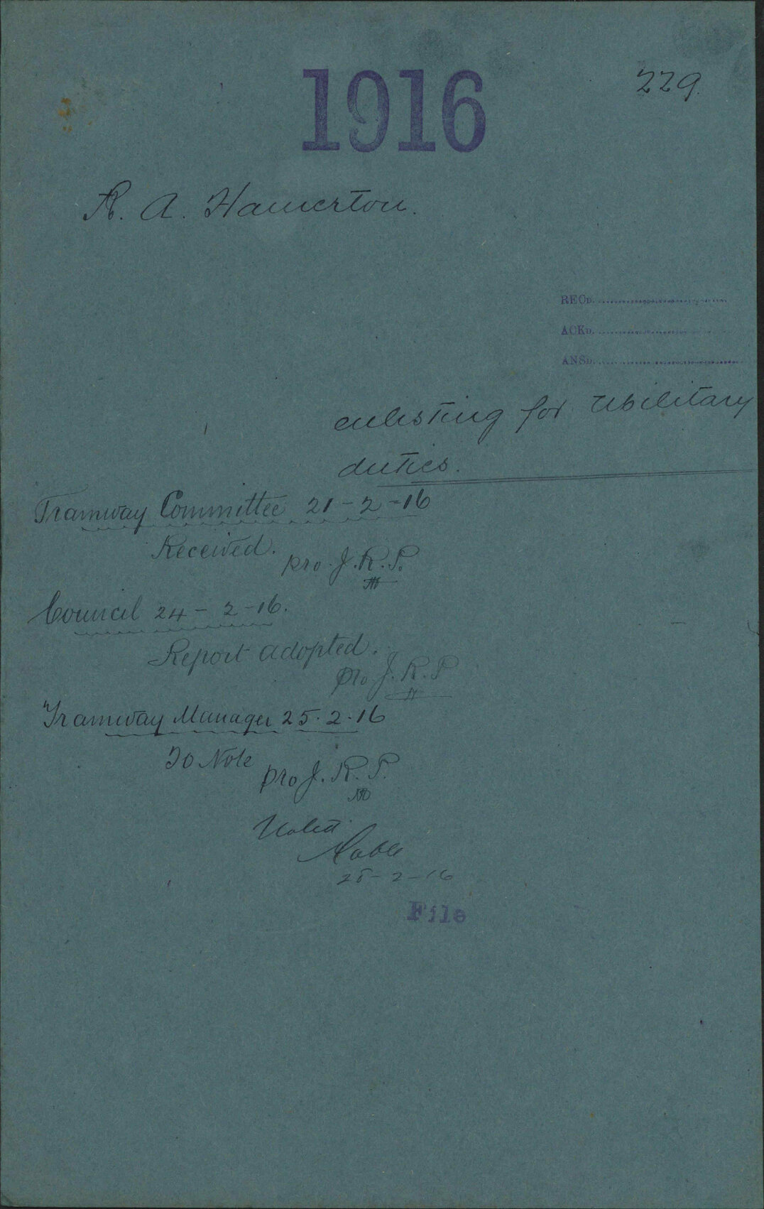 Enlisting for military duties - R A Hamerton