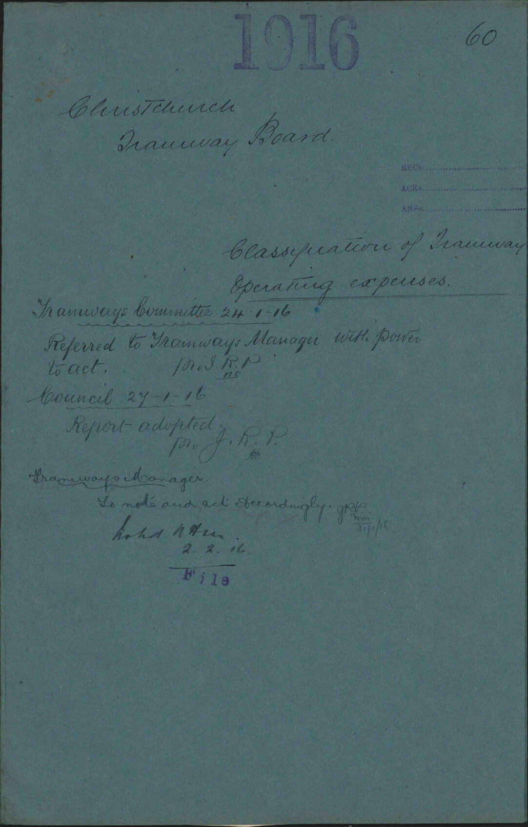 Classification of Tramway Operating Expenses - Christchurch Tramway Board
