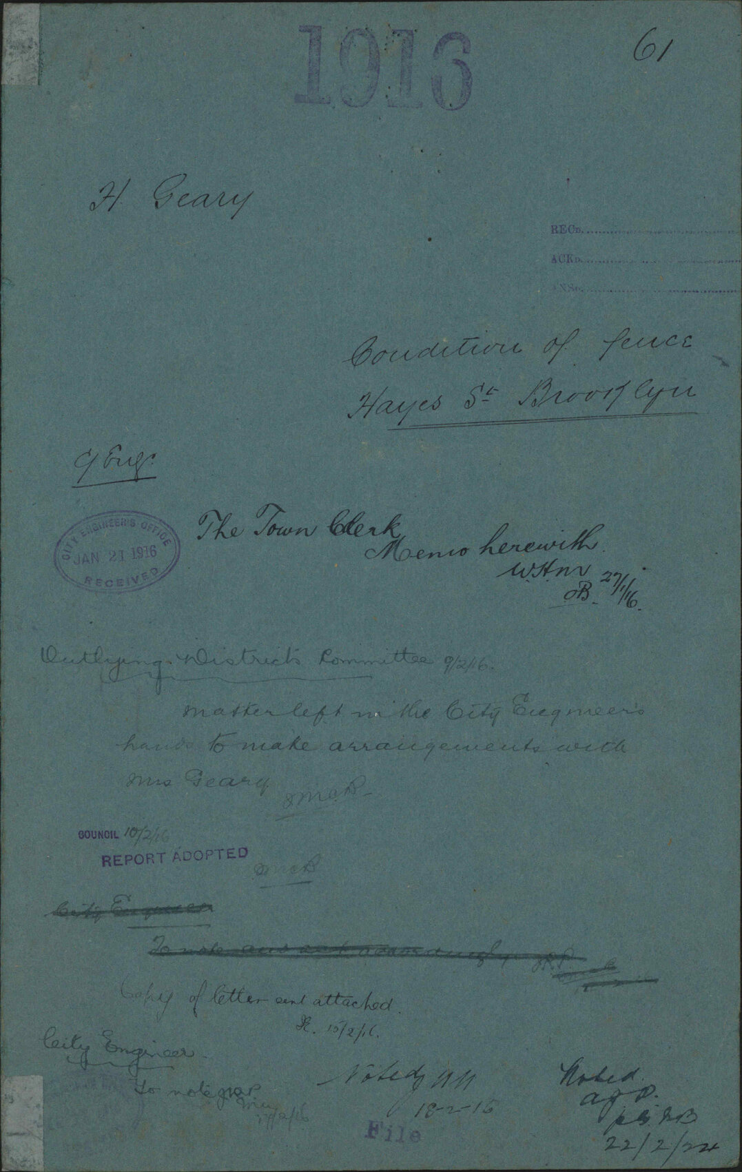 Condition of fence, Hayes Street, Brooklyn - H Geary