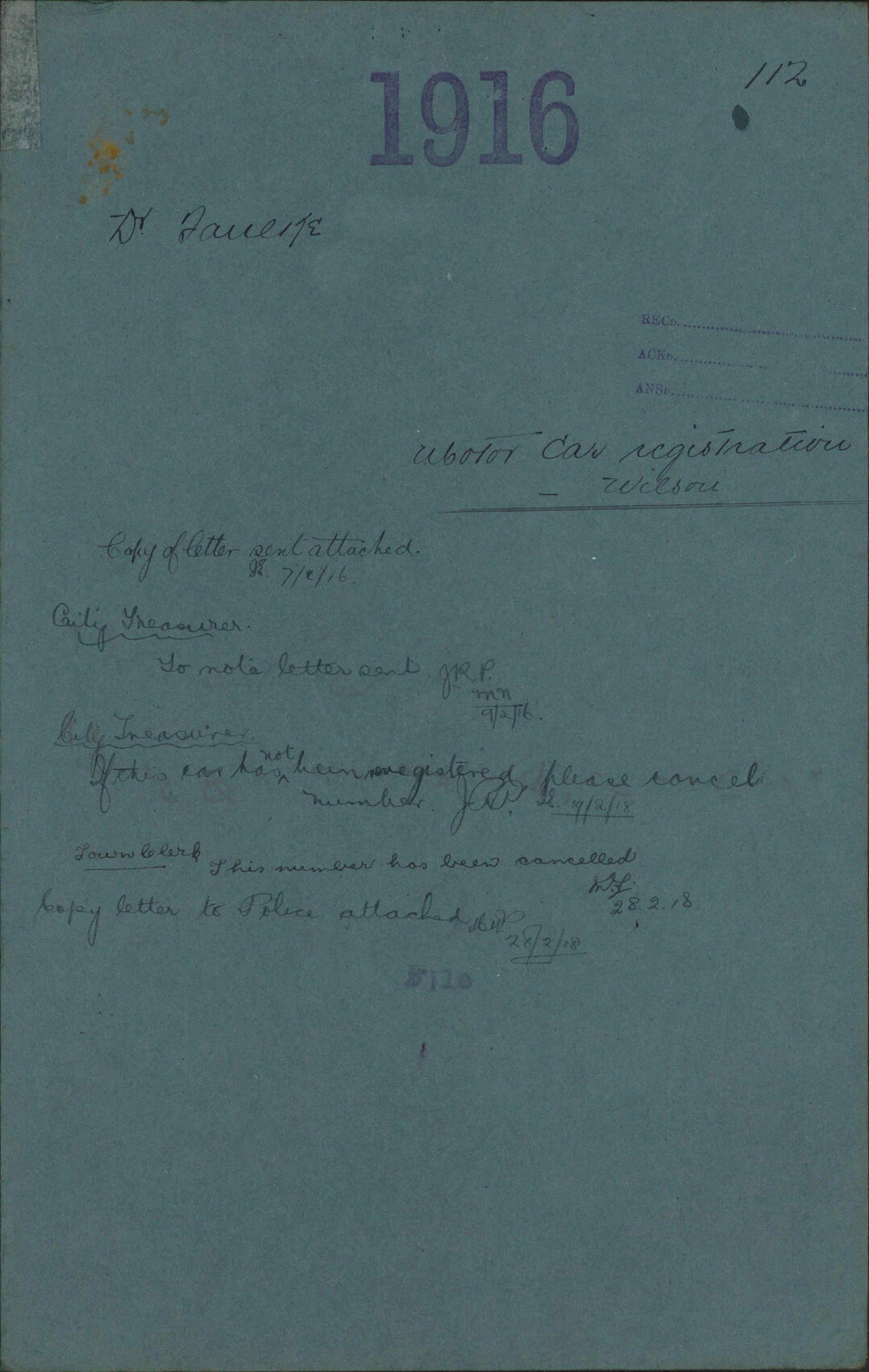 Motor car registration, Wilson - Dr Faulke