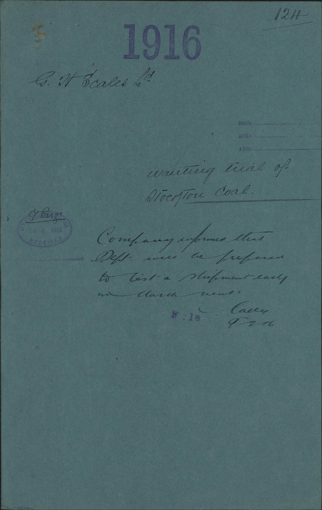 Wanting trial of Stockton Coal - G H Scales Ltd