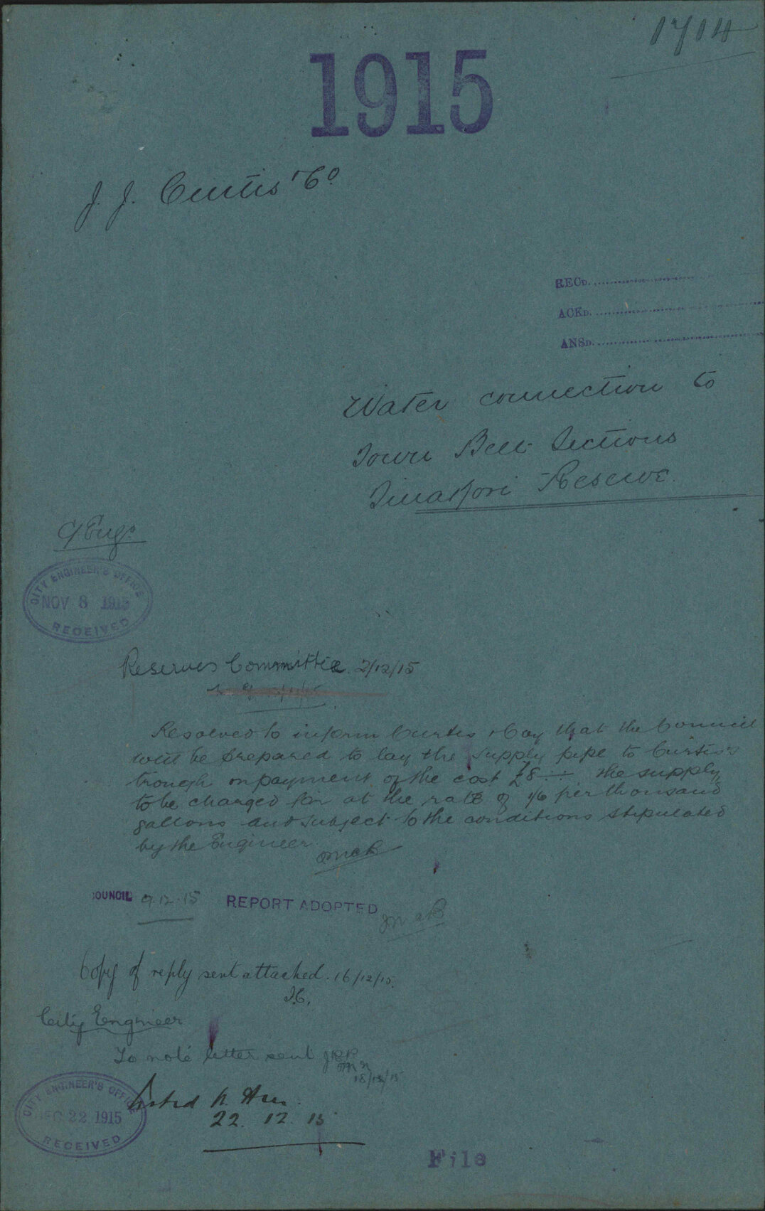 Water connection to Town Belt sections, Tinakori Reserve - J J Curtis &amp; Co