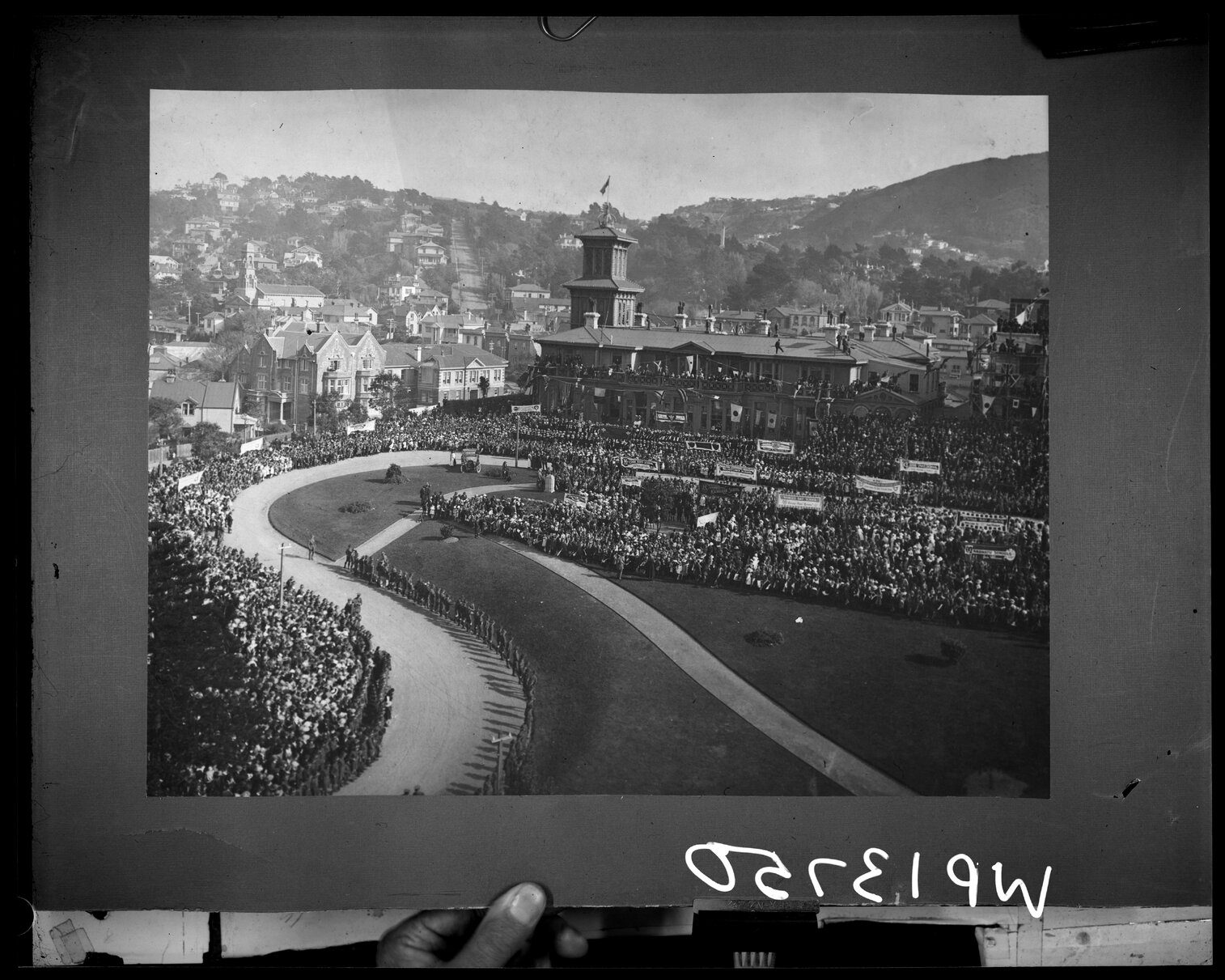 Royal Visit , elevated view of Parliament grounds showing crowds gathered to welcome the Prince of Wales