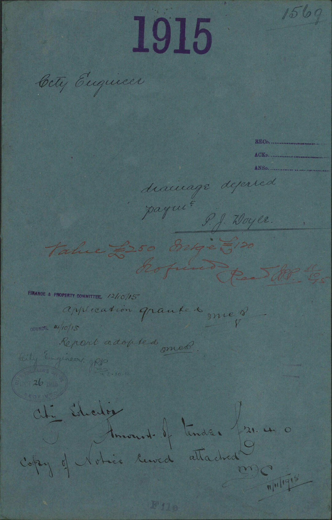 Drainage, deferred payment, P J Doyle - City Engineer