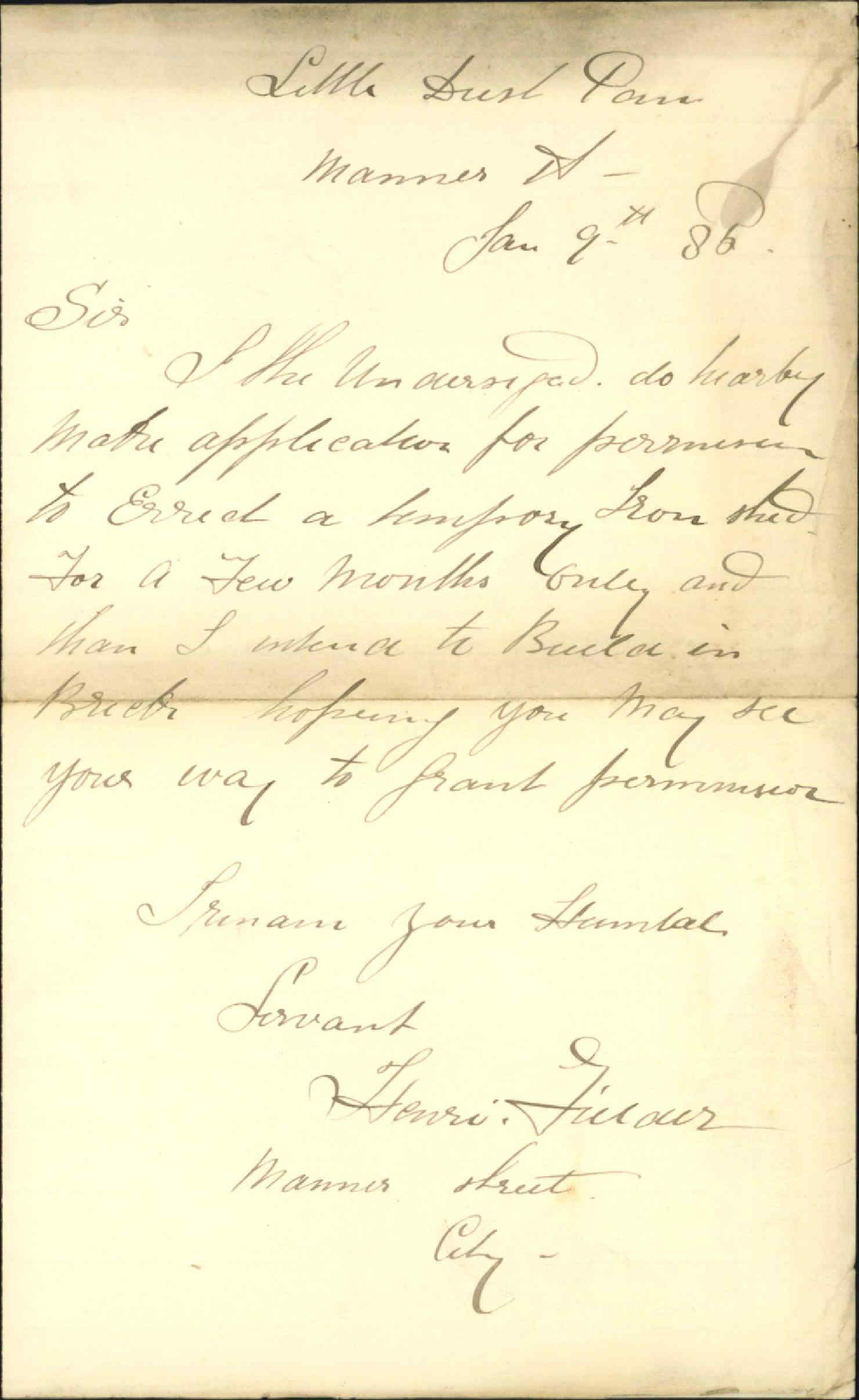 Henry Fuilder Re Asking permission to erect temporary Iron Shed