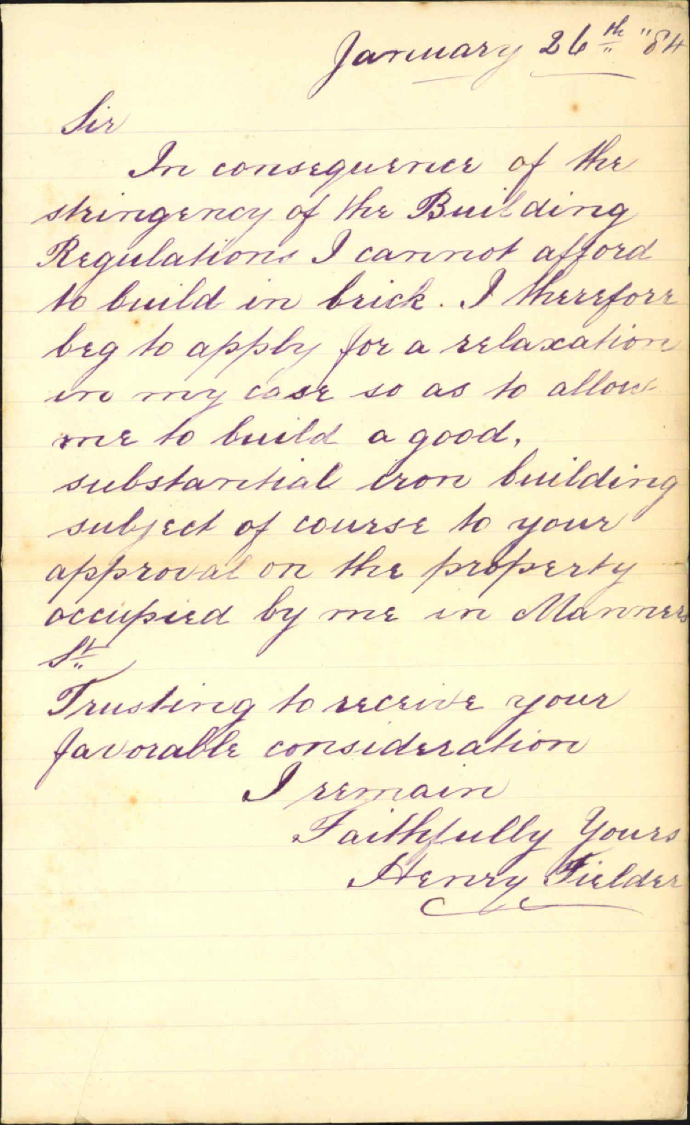 Application for relaxation of building regulations - Henry Fielder