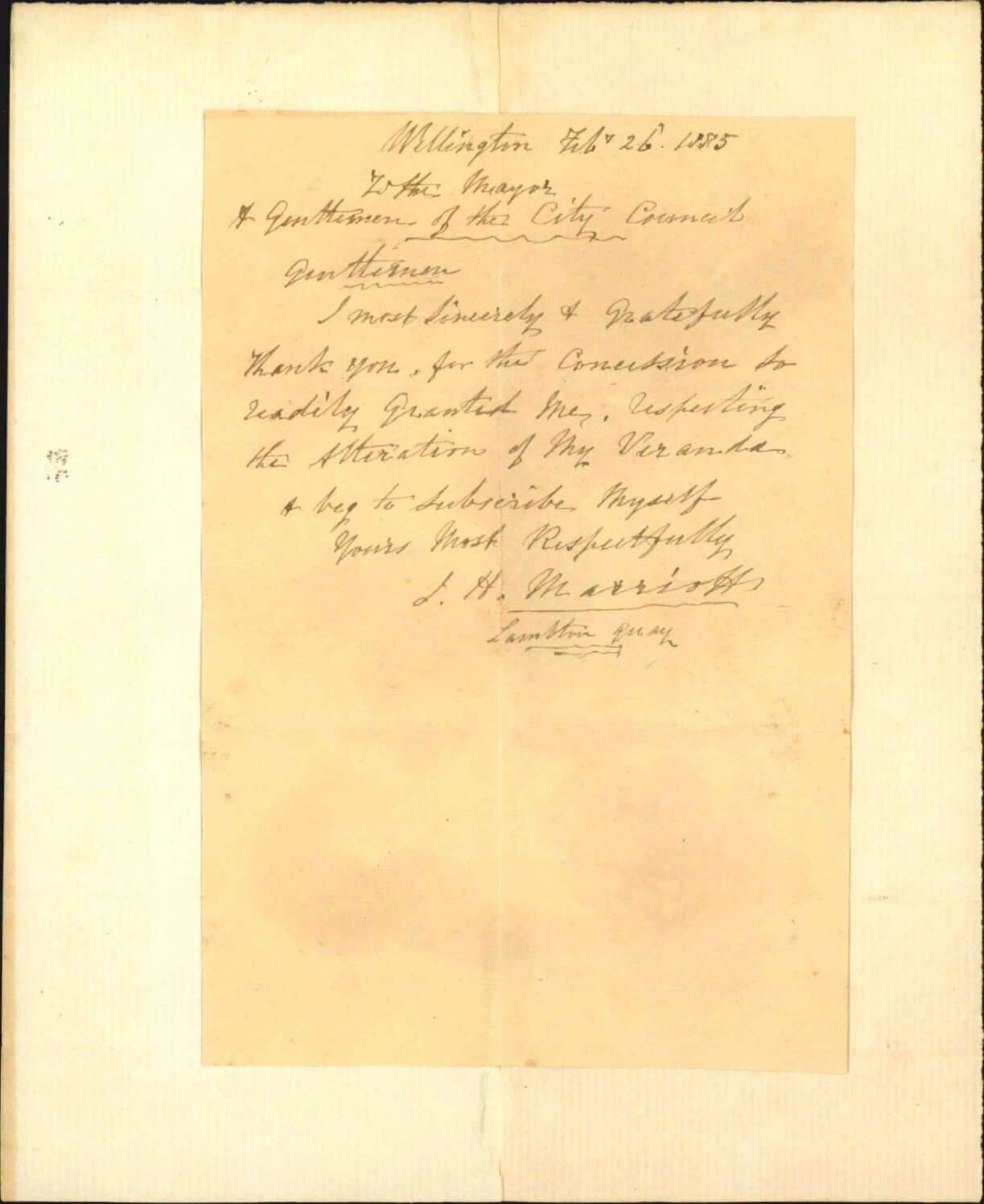 Thanks for concession as to verandah - J H Marriott
