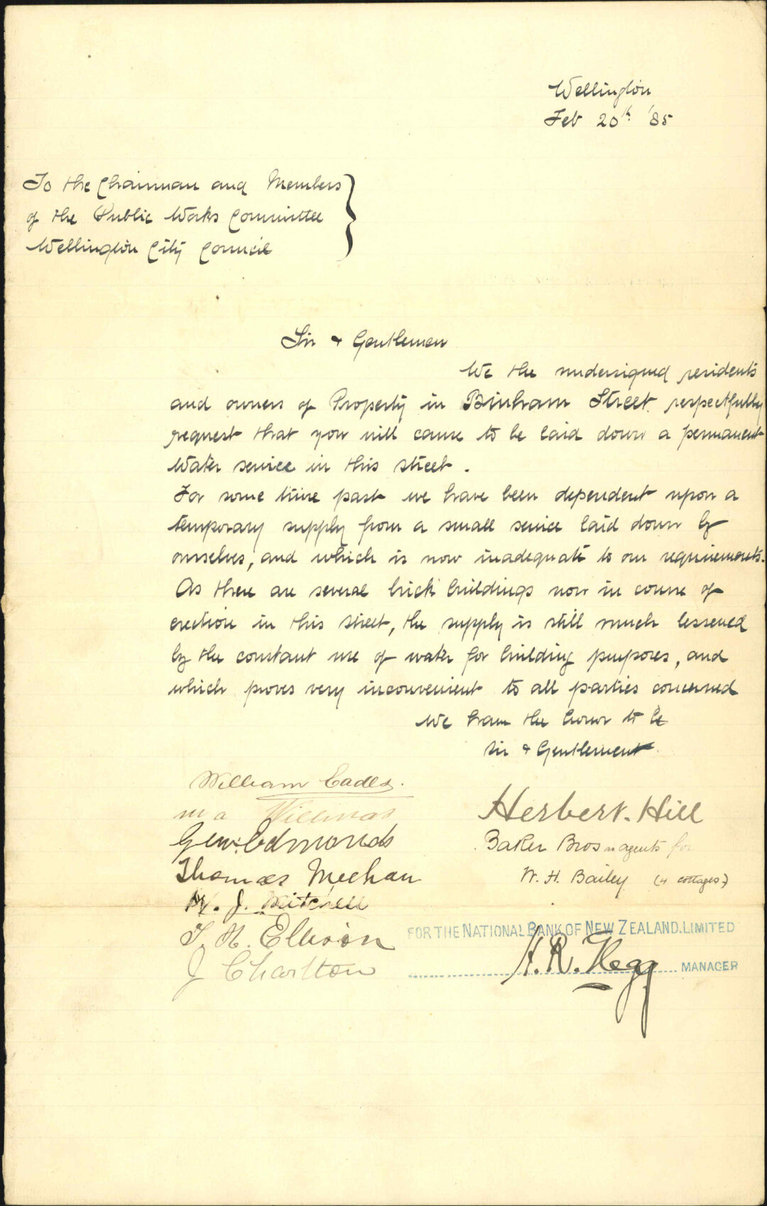 Petition for water service in Binham Street - William Eades and others