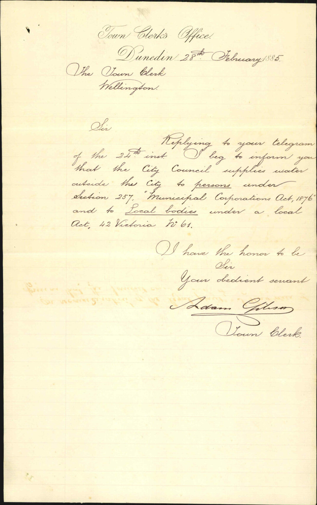 Water supply to other bodies - Town Clerk Dunedin