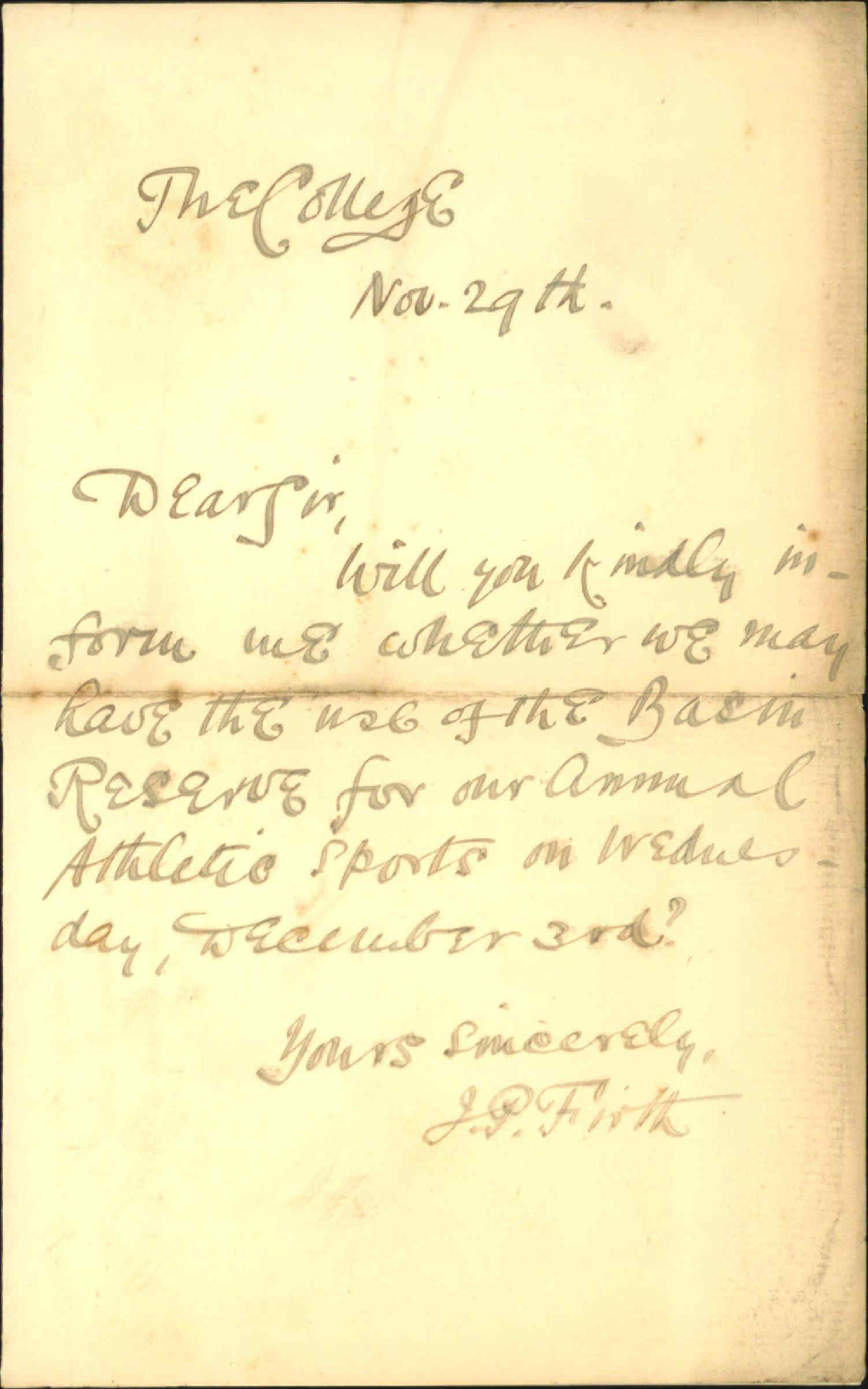Asking use of Basin Reserve for the College sports day Wednesday Dec 3rd - J P Frith
