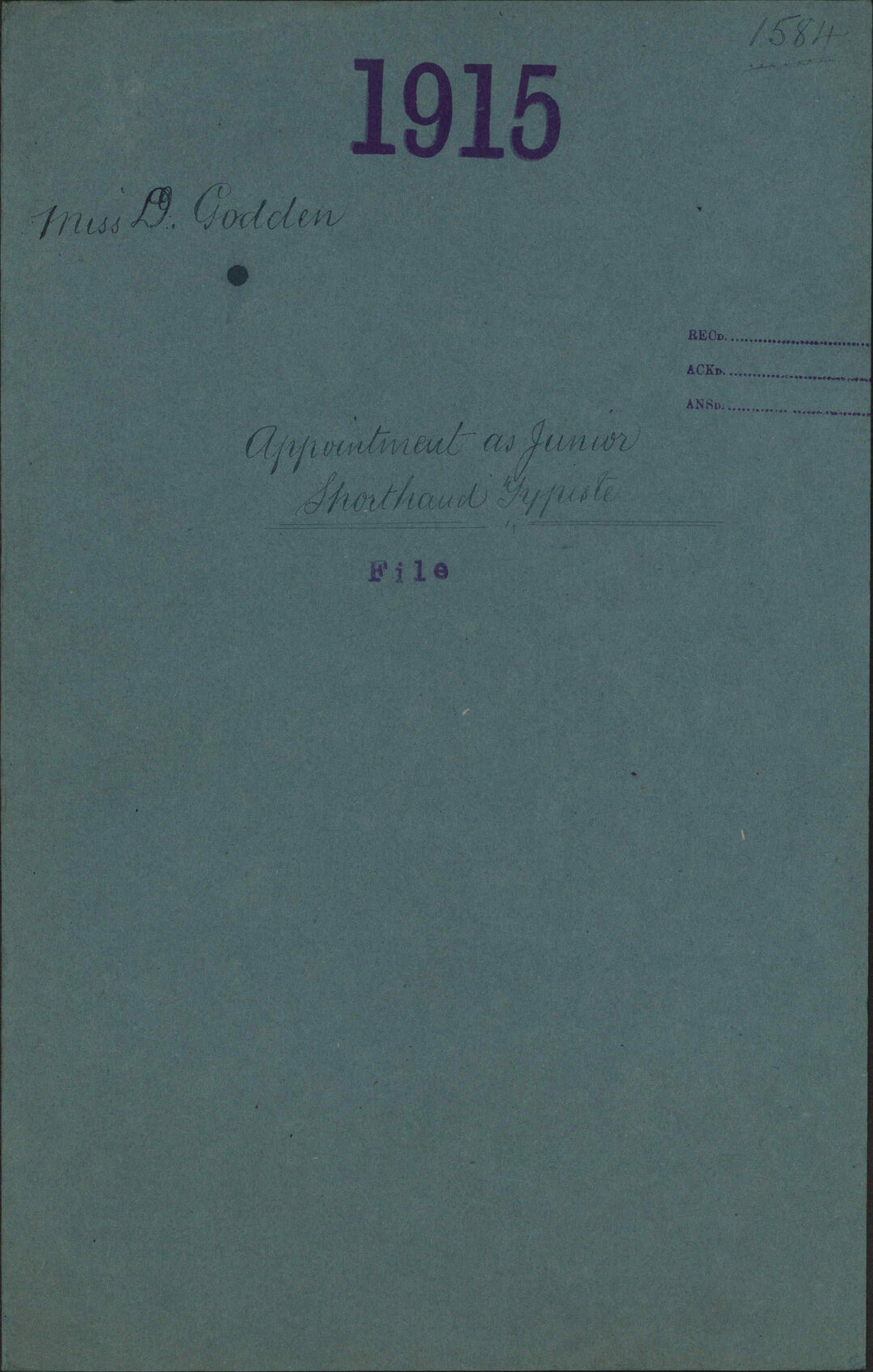 Appointment as Junior Shorthand Typist - Miss D Godden