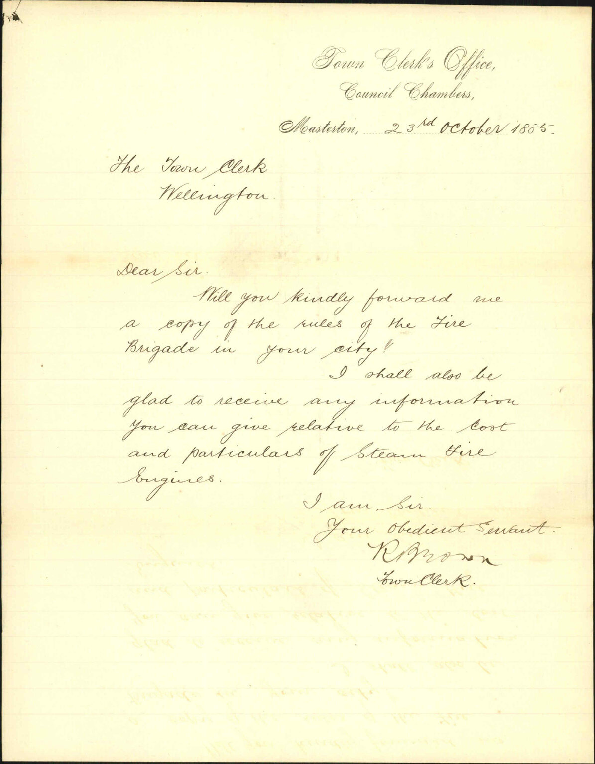 Asking for copy of fire brigade rules - Town Clerk Masterton