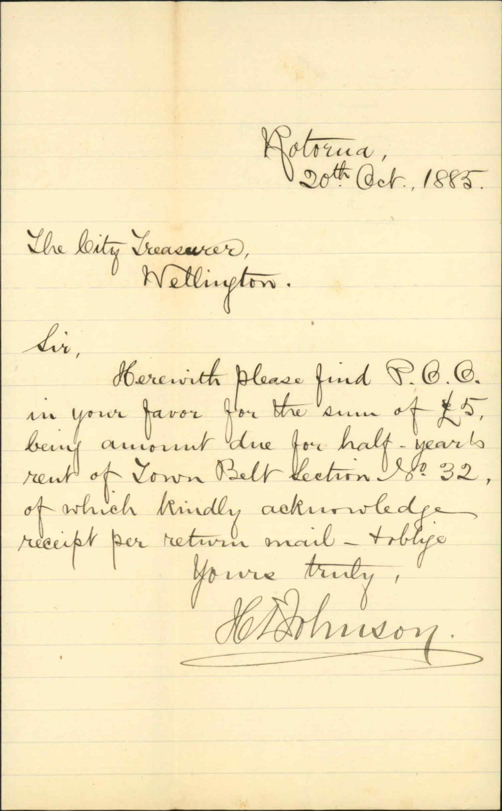Enclosing cheque for rent - H D Johnson