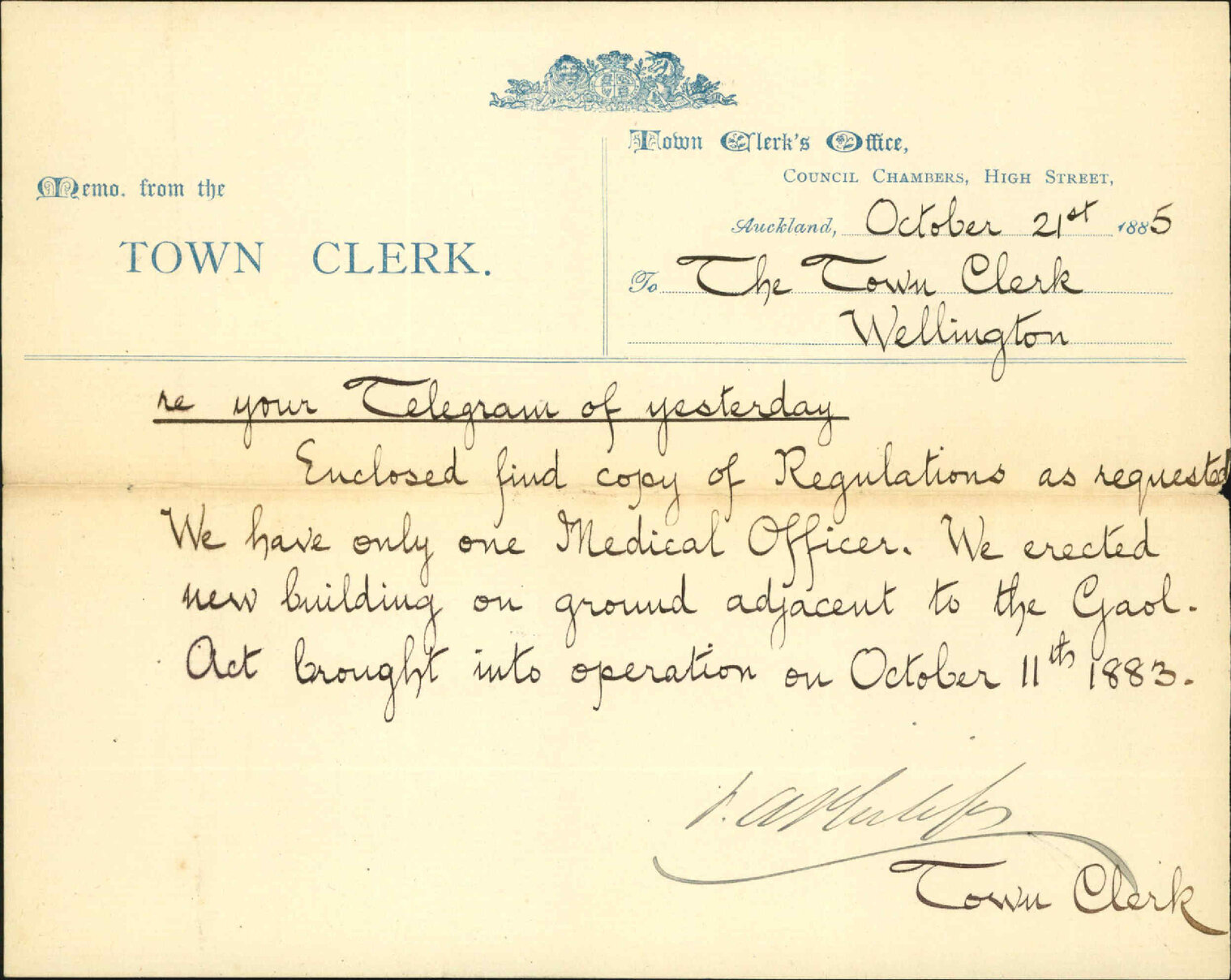 With copy of regulations as to Lock Hospital - Town Clerk Auckland