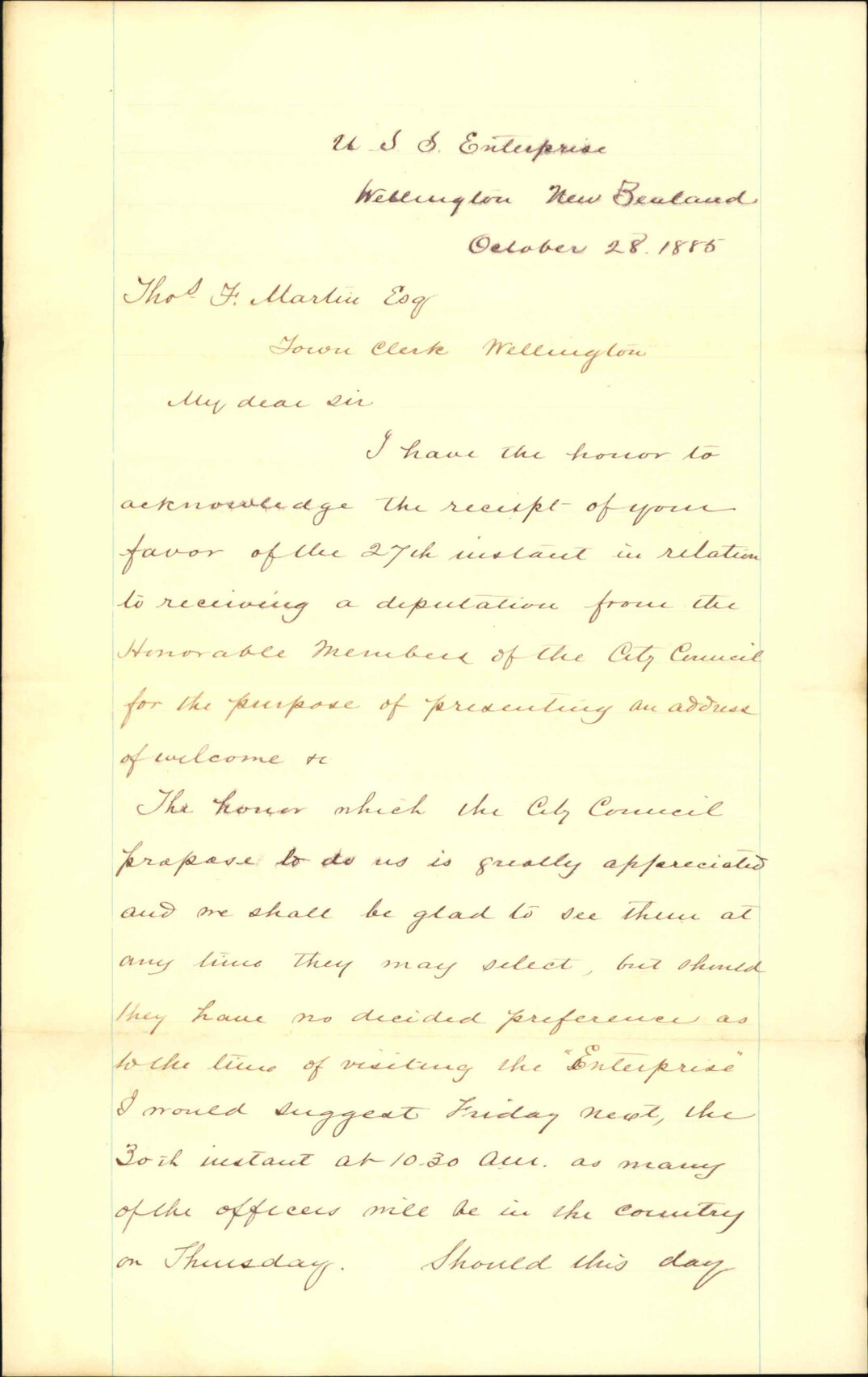 As to receiving deputation from the Council - U S S Enterprise