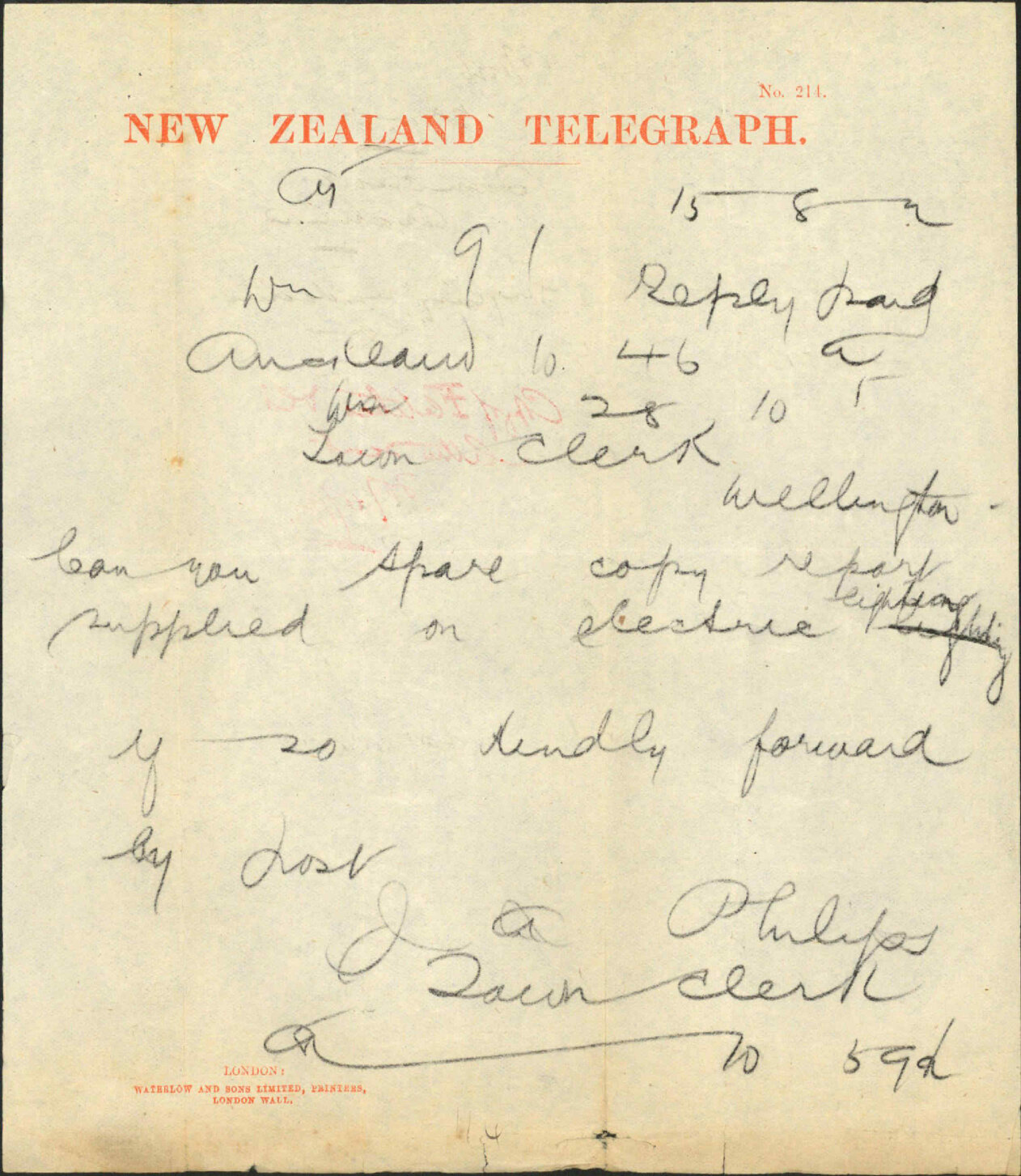 Enquiry regarding electric lighting - Town Clerk Auckland
