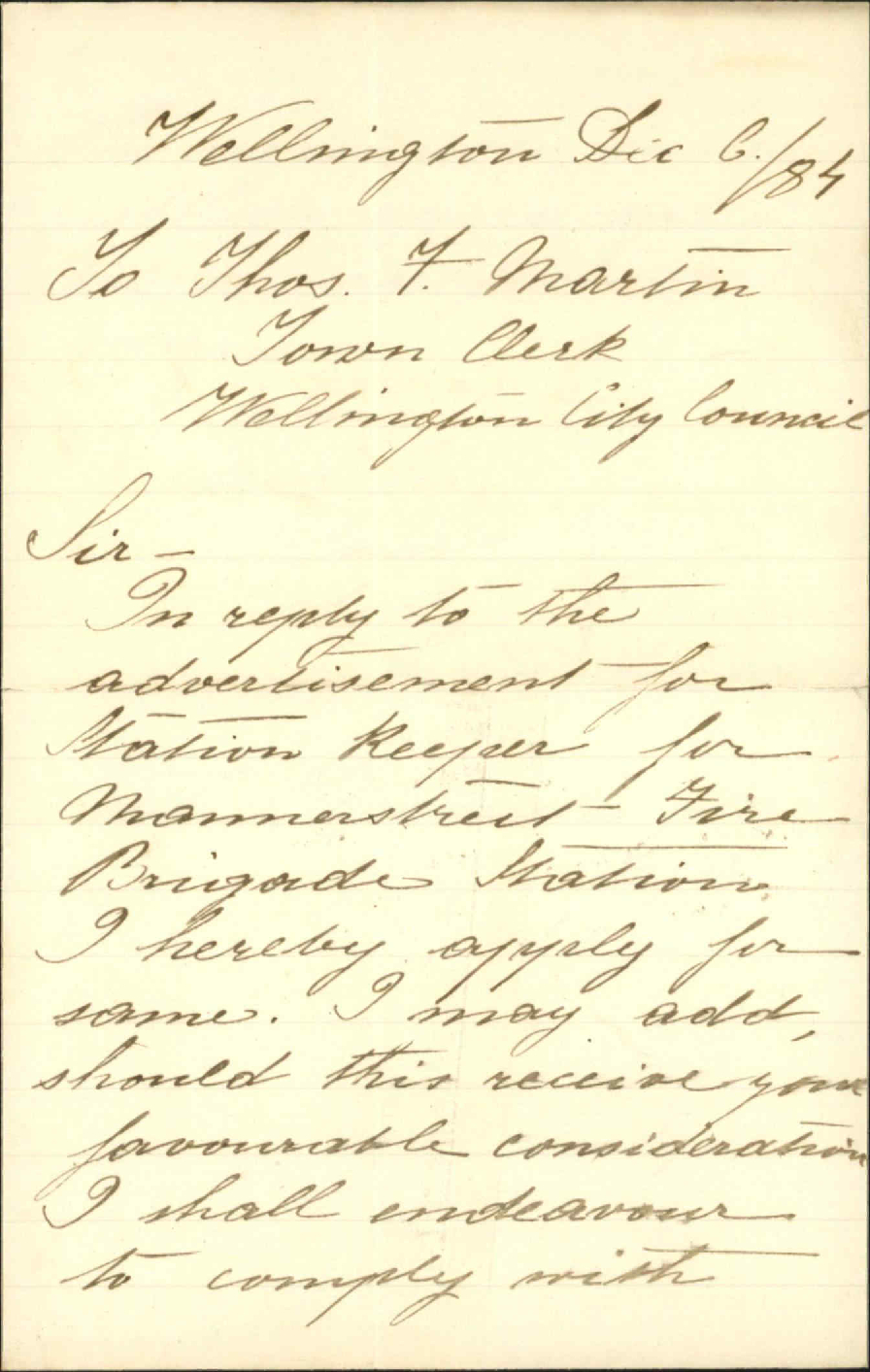 Application for post of station keeper at the fire brigade, Manners Street - J F Diederich