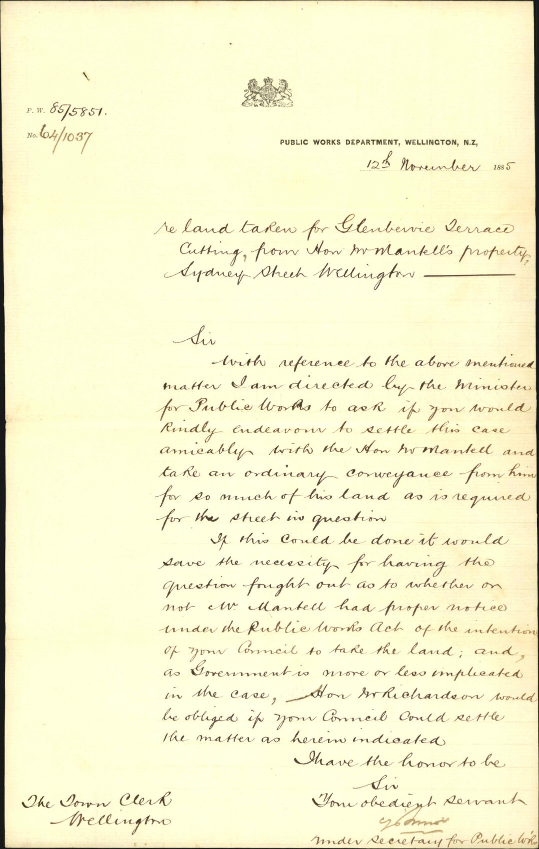 Land taken from Walter Mantell for Glenbervie Terrace - Public Works Department