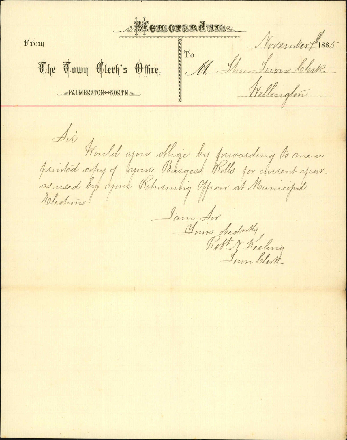Asking for copy of burgess rolls - Town Clerk Palmerston North