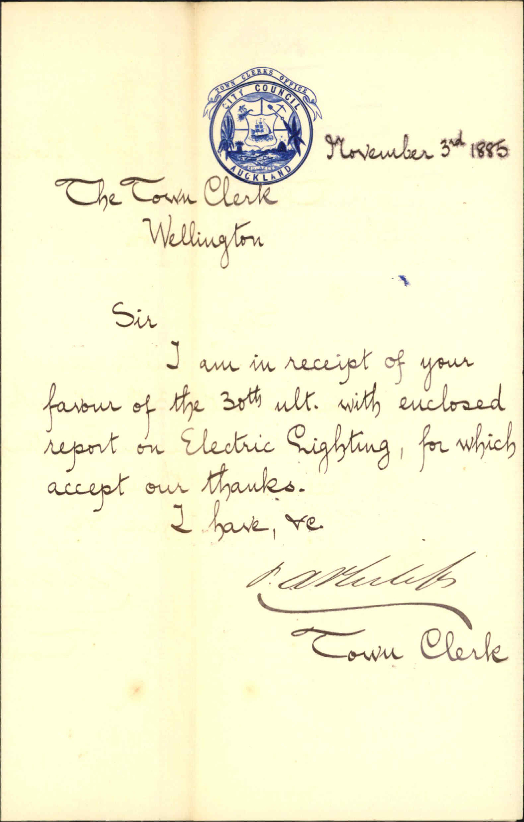 Acknowledging receipt of report regarding electric lighting - Town Clerk Auckland