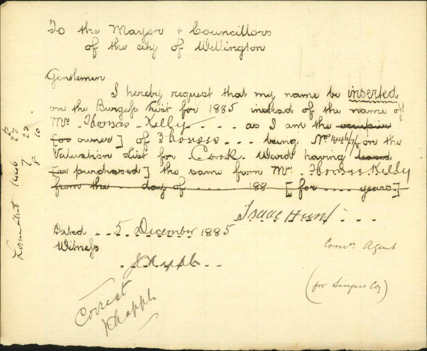 Application to be placed on Burgess Roll - Isaac Hunt