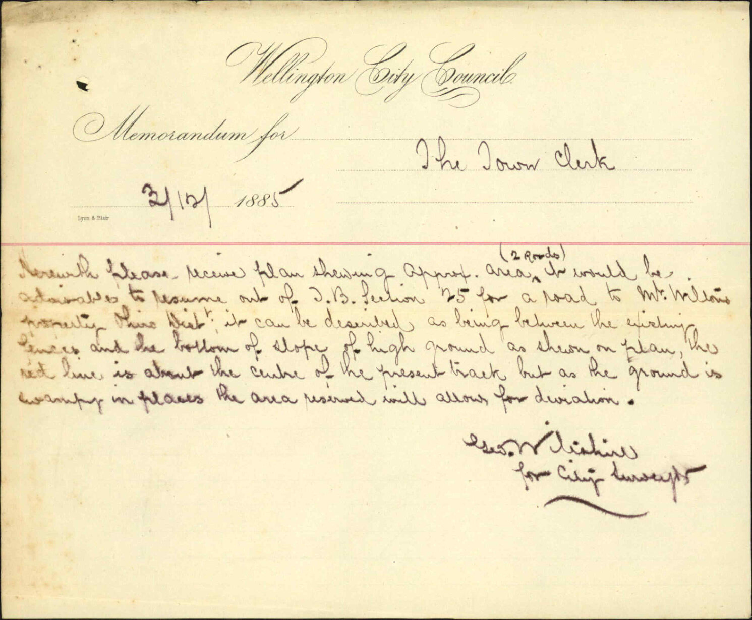 Road through Mark Birds Town Belt section - City Surveyor