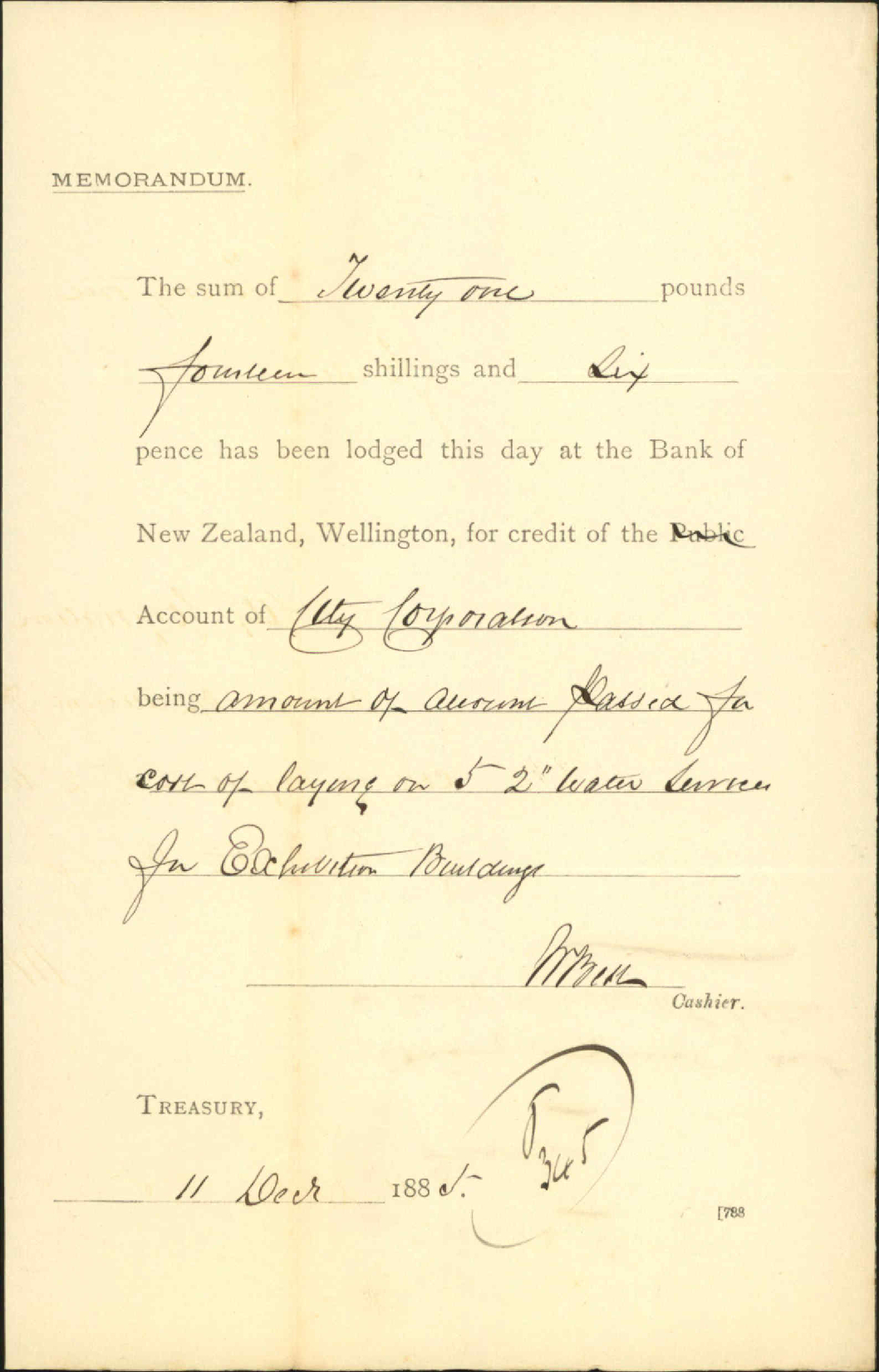Advising payment of account for laying on water to exhibition - Treasury
