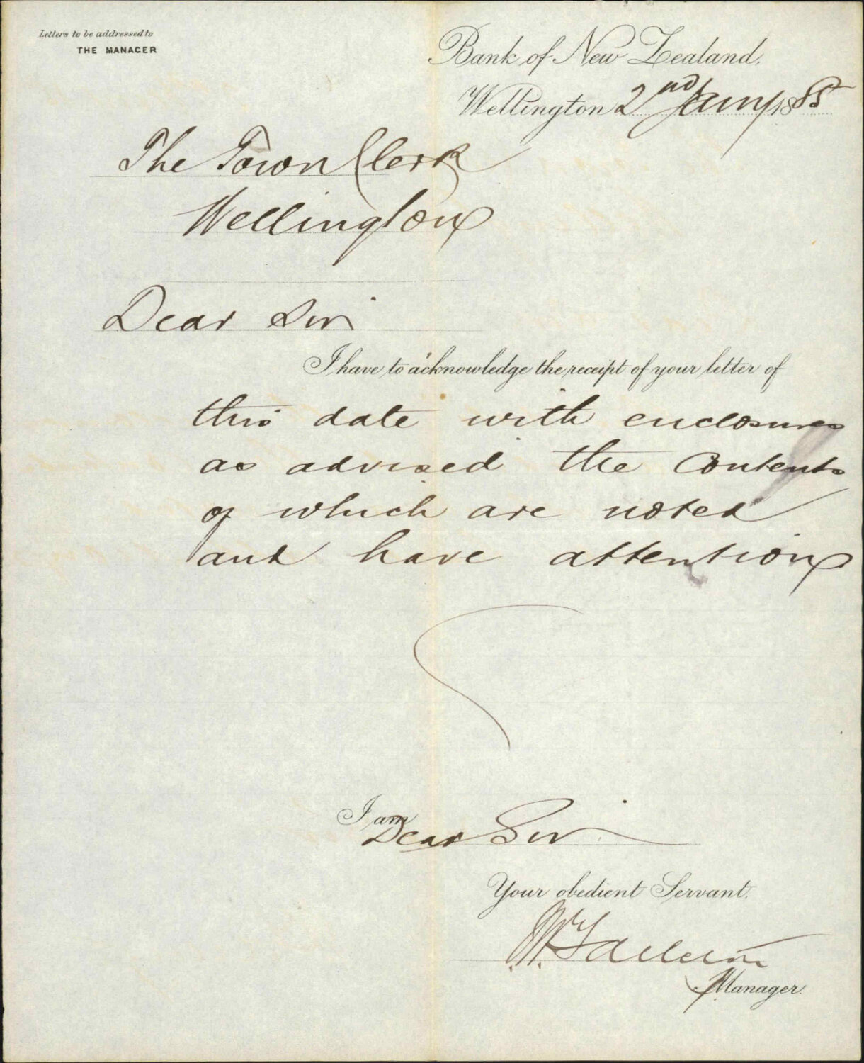 Bank of New Zealand Re Acknowledging receipt of letter re interest