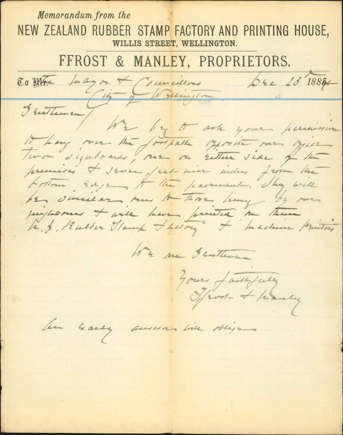 Application for leave to put up sign board in Willis Street - Frost &amp; Manley