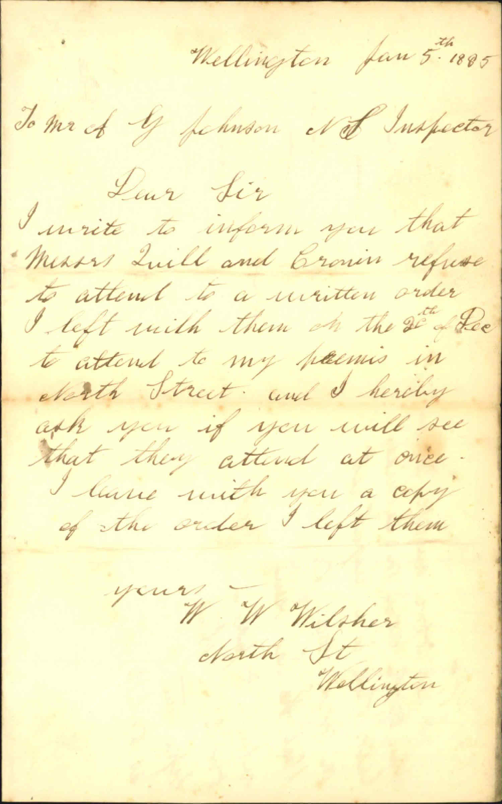 1. W Wilson: Note to Messrs Quill and Cronin re removal of night-soil from premises in North Street 2. WW Wilson Complaint re night-soil contractors, Messrs Quill and Cronin