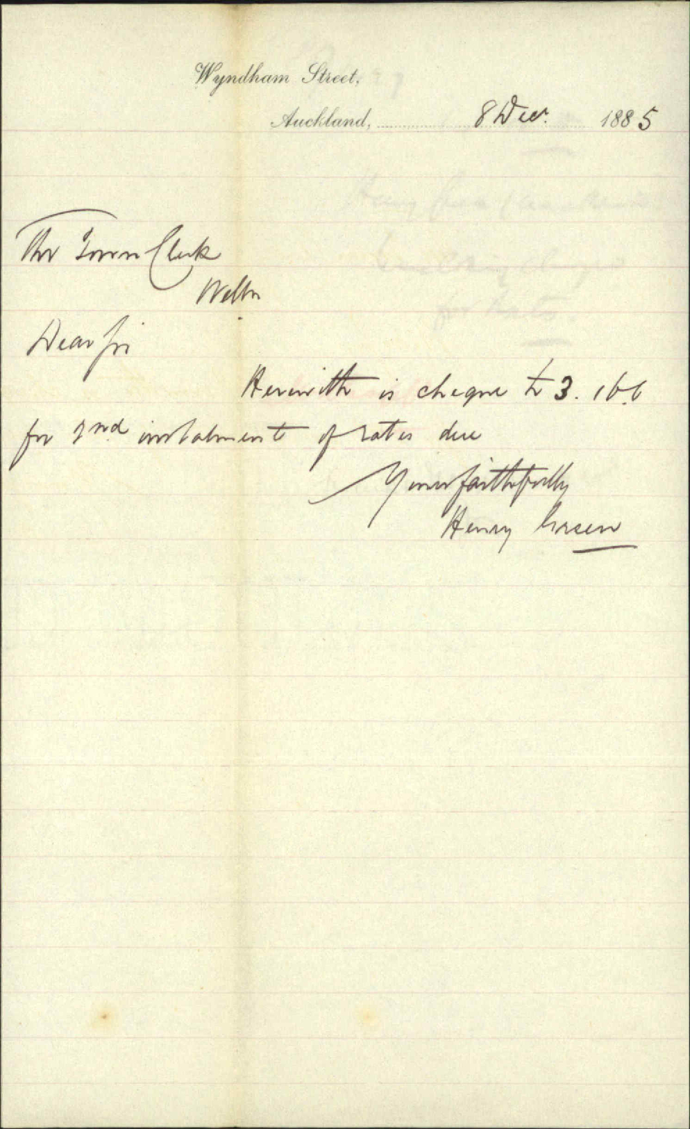 Enclosing cheque for rates - Henry Green (Auckland)