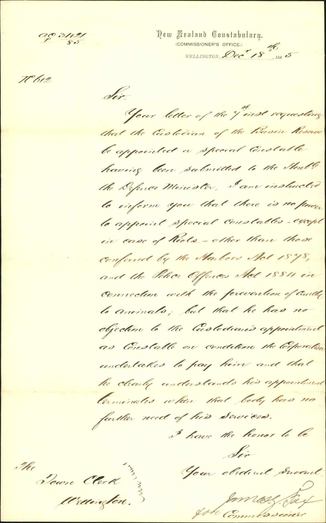 Special constable for Basin Reserve - Commissioner of Constabulary