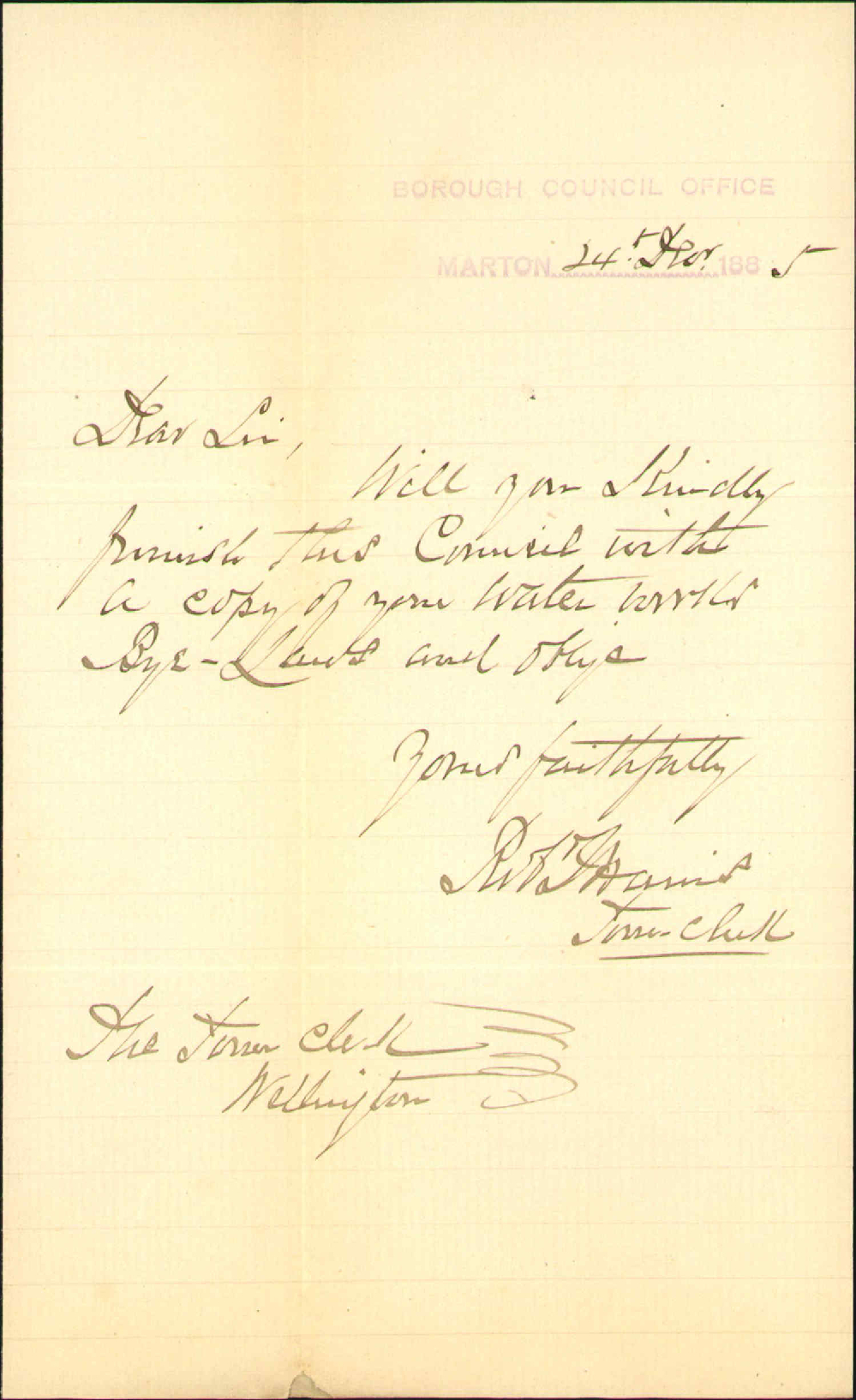 Asking for copy of water works bylaws - Town Clerk Marton