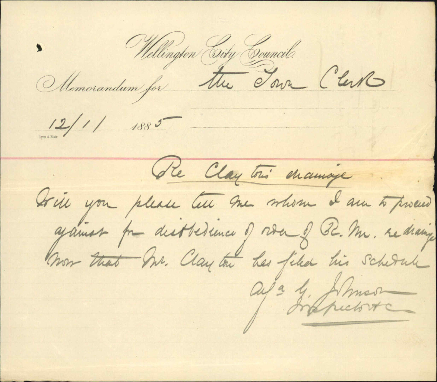 Alfred Johnson (Inspector of Nuisances) Re Memo to Town Clerk re Claytons Drainage