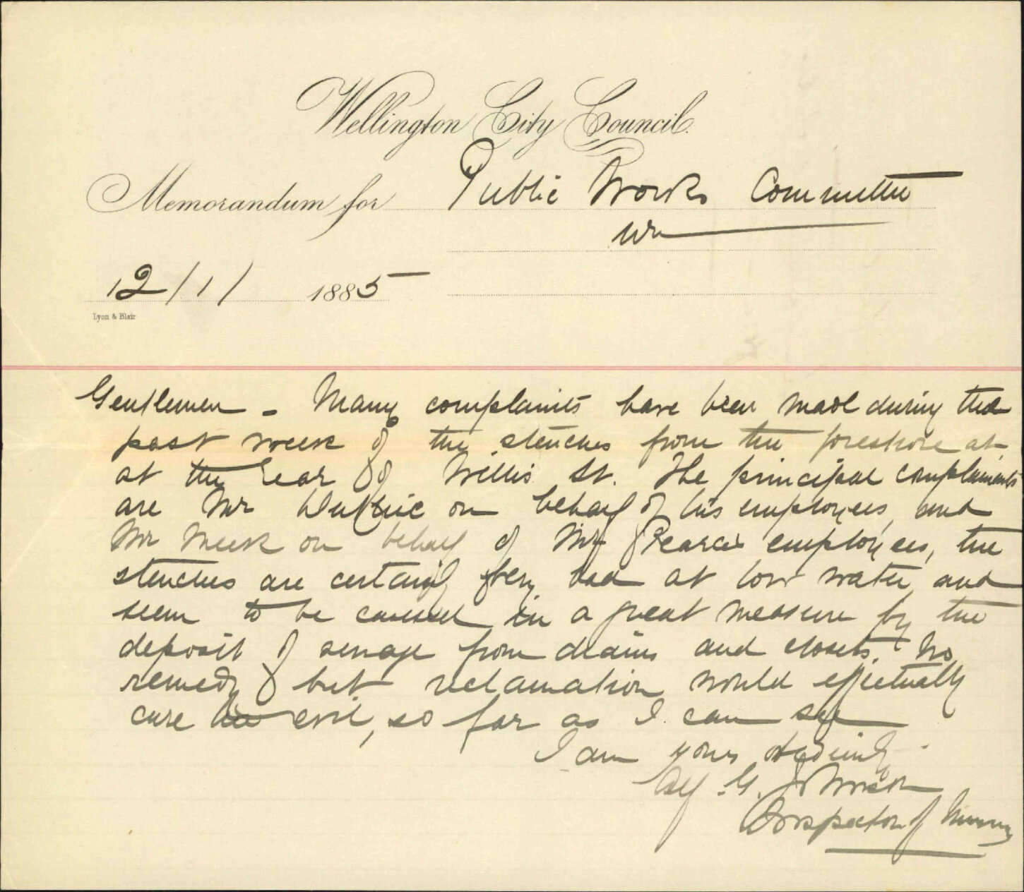 Alfred Johnson (Inspector of Nuisances) Re Memo to Public Works Committee re complaints re stench from rear of premises in Willis Street
